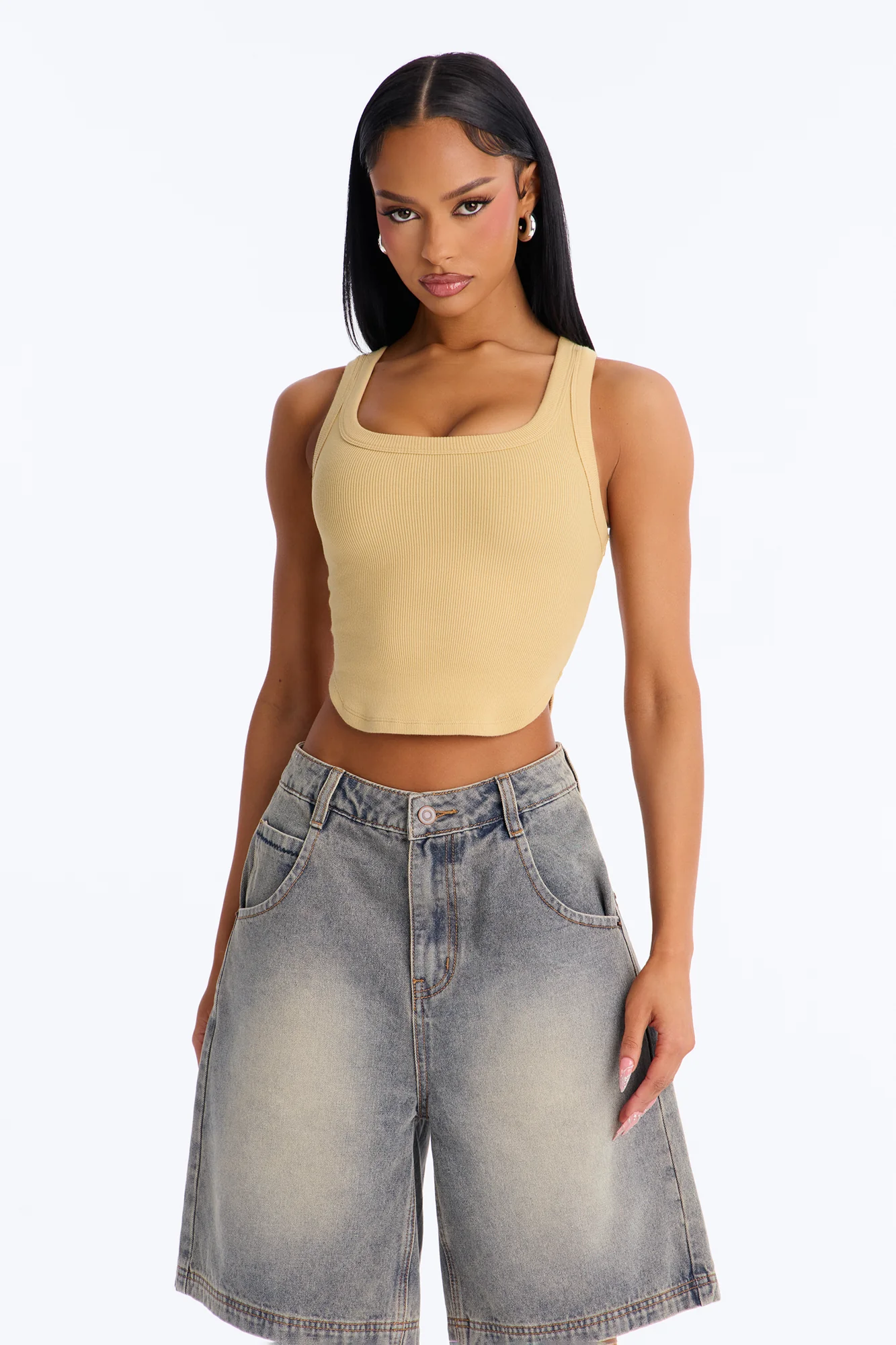 Haily Rib Square Neck Tank Top - Honey