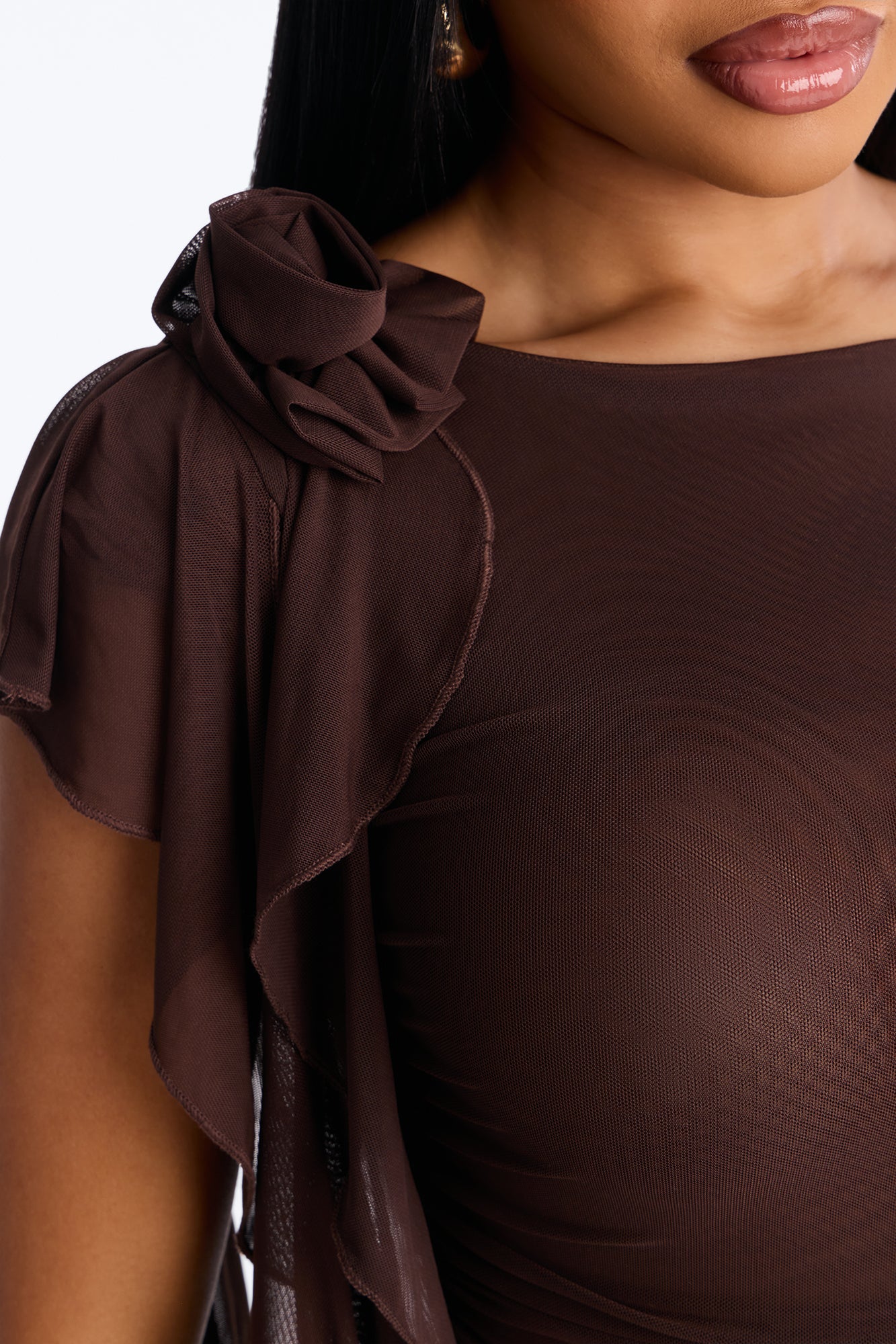 Haley Ruffle Mesh Cap Sleeve Bodysuit - Chocolate - Image 4