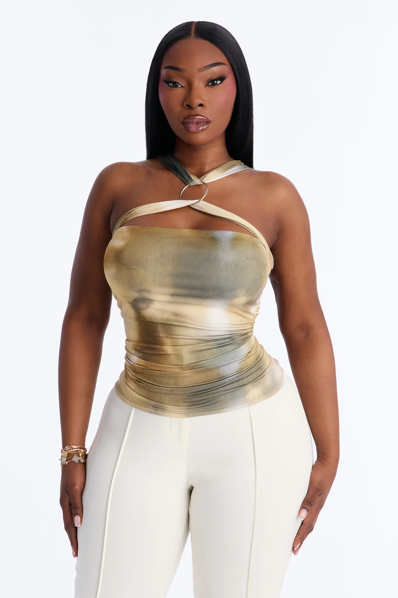 Hallucinating You Ruched Hardware Halter Top - Olive/combo - Image 4