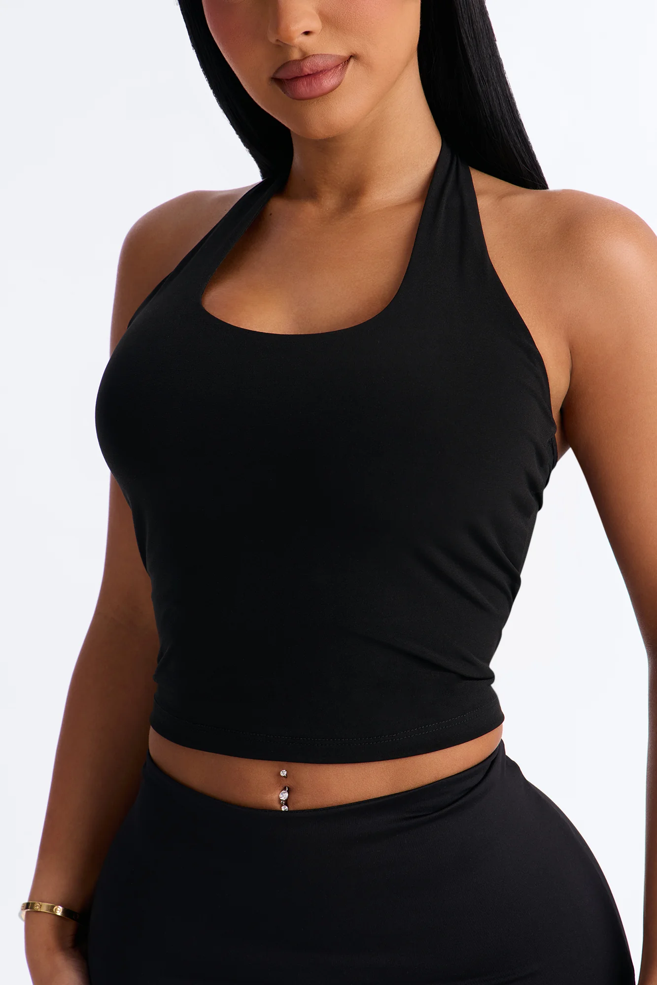 Hana Double Lined Cotton Blend Halter Tank Top - Black - Image 3