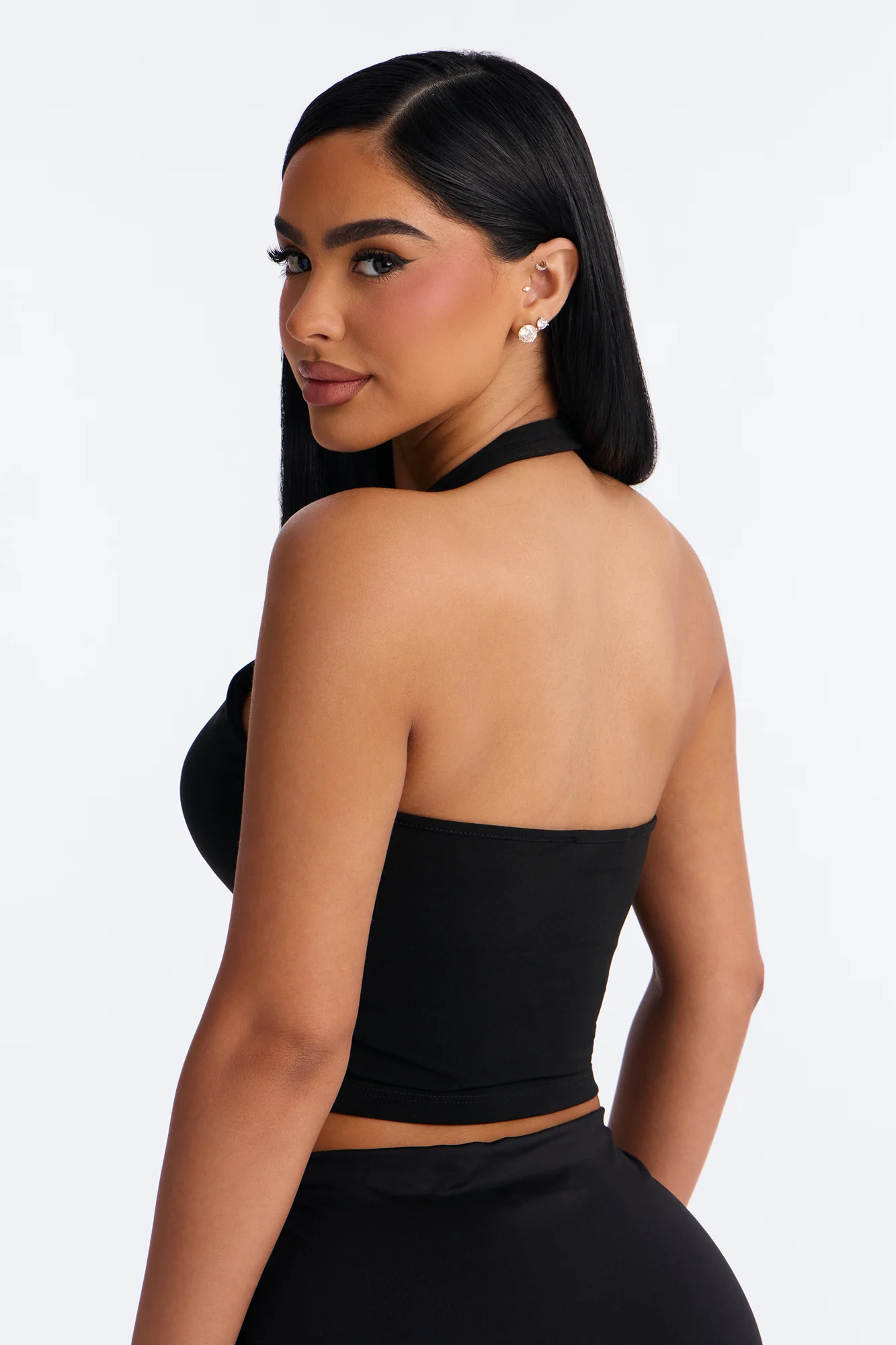 Hana Double Lined Cotton Blend Halter Tank Top - Black - Image 4