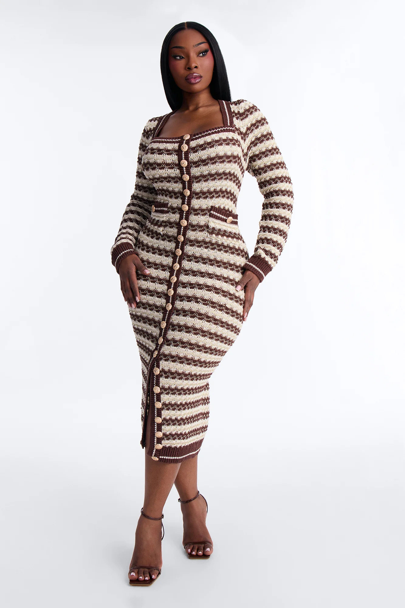 Hana Long Sleeve Sweater Midi Dress - Brown/combo - Image 5