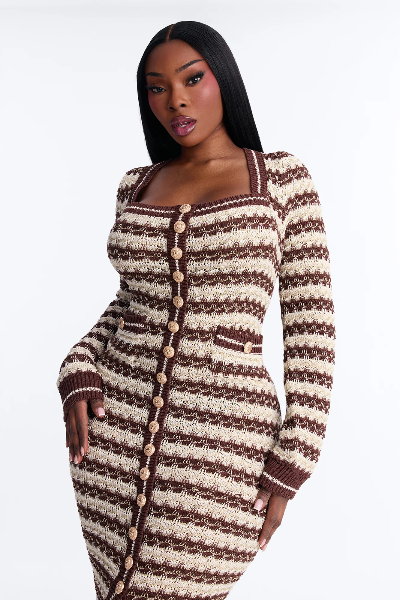 Hana Long Sleeve Sweater Midi Dress - Brown/combo - Image 6