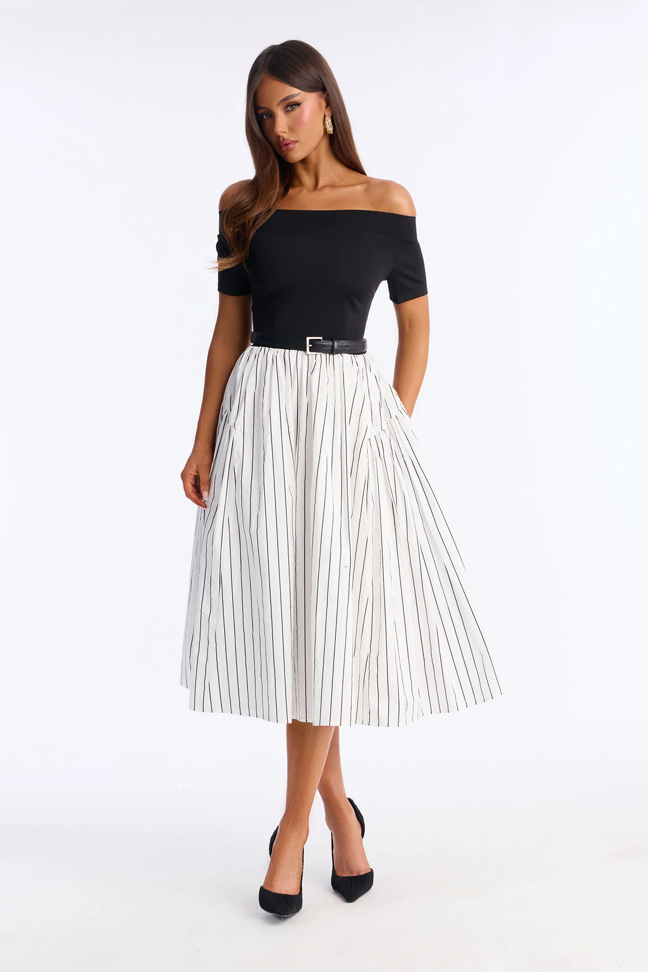Harlow Pinstripe Midi Dress - Black/White