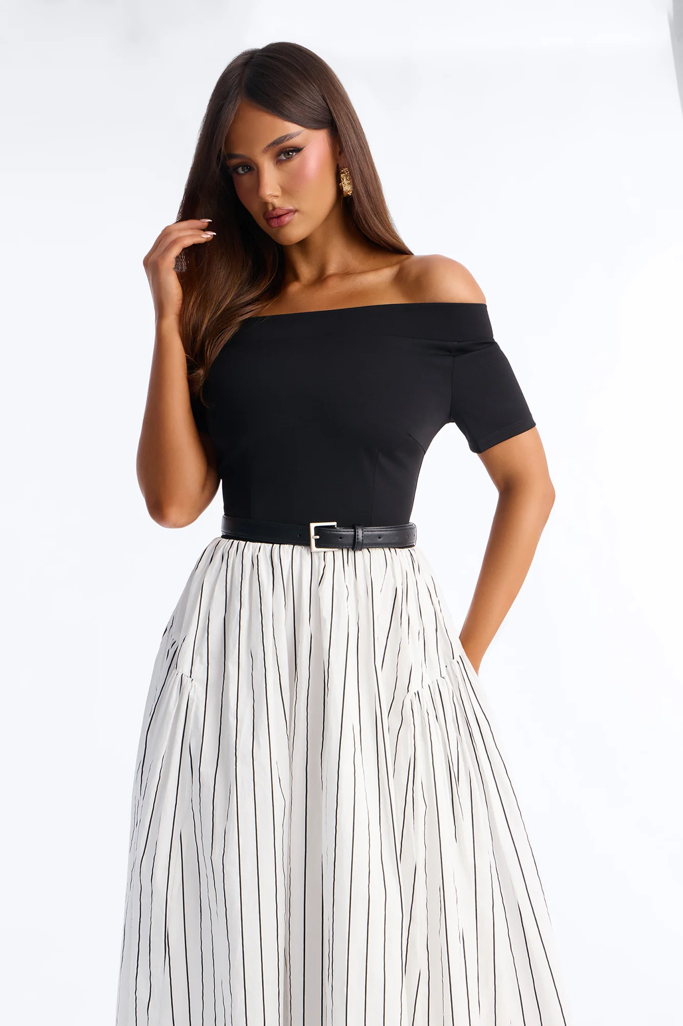 Harlow Pinstripe Midi Dress - Black/White - Image 3