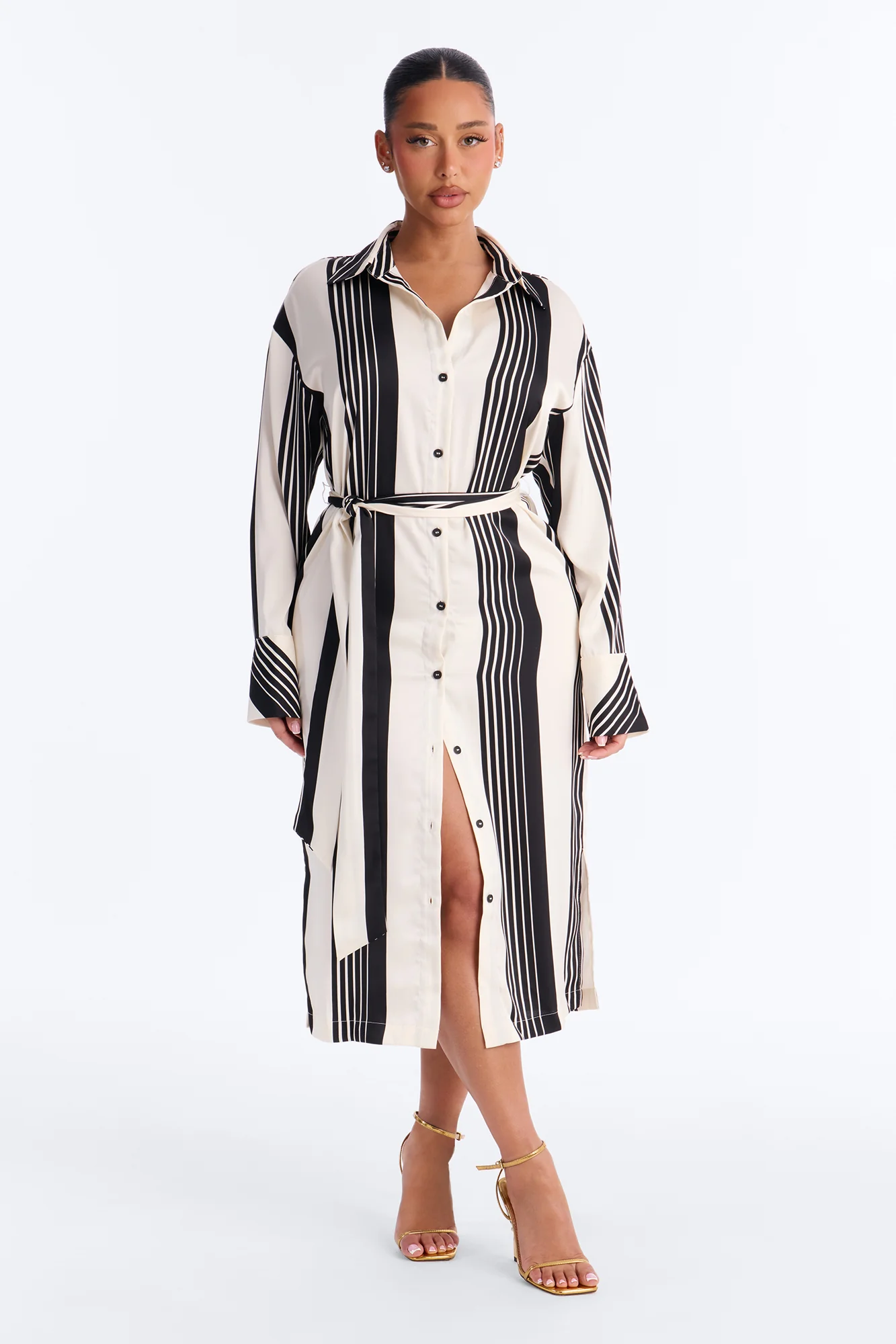 Harlow Striped Satin Shirt Midi Dress - White/Black