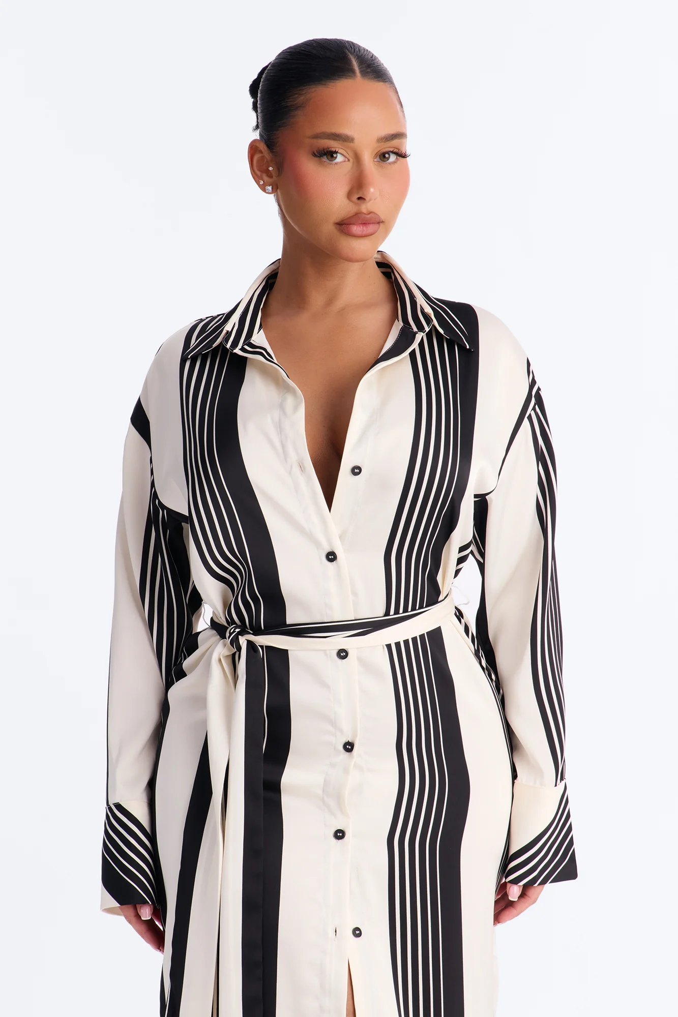 Harlow Striped Satin Shirt Midi Dress - White/Black - Image 2