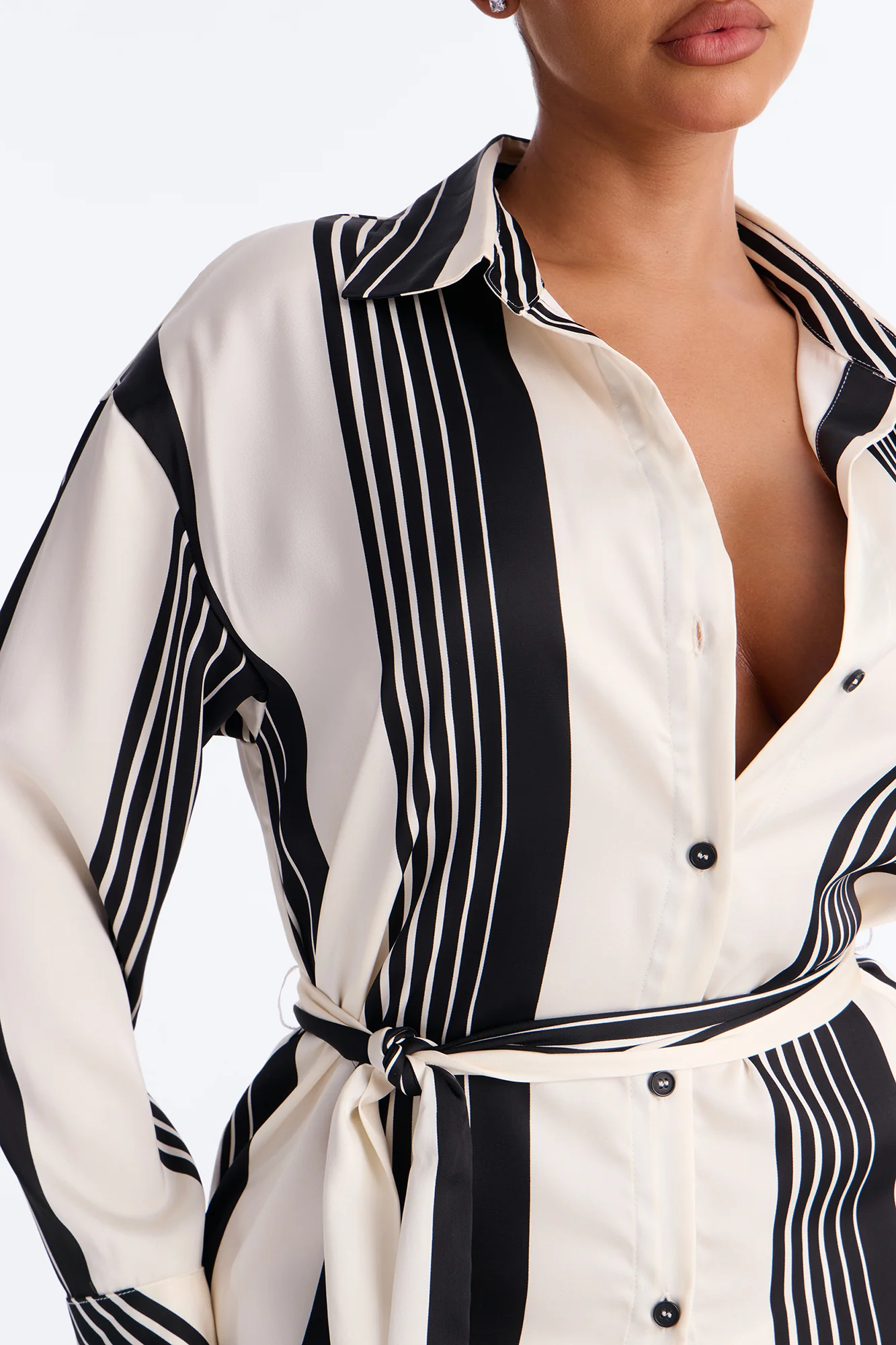 Harlow Striped Satin Shirt Midi Dress - White/Black - Image 3