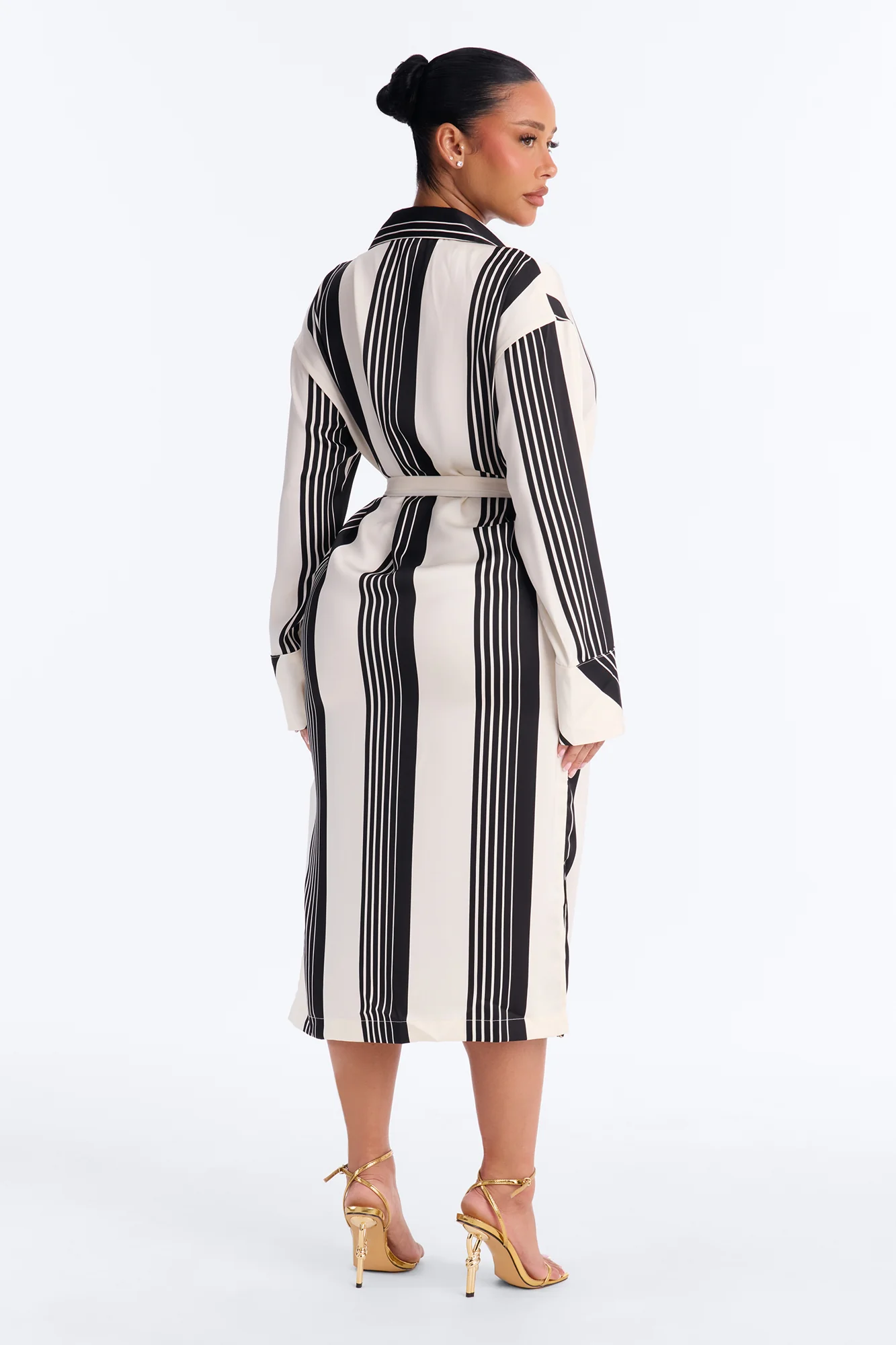 Harlow Striped Satin Shirt Midi Dress - White/Black - Image 4