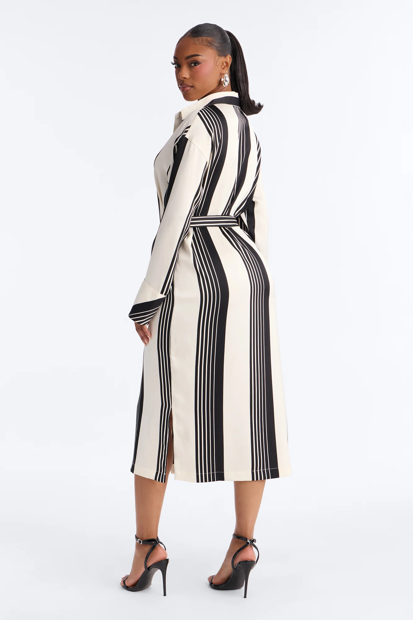 Harlow Striped Satin Shirt Midi Dress - White/Black - Image 5