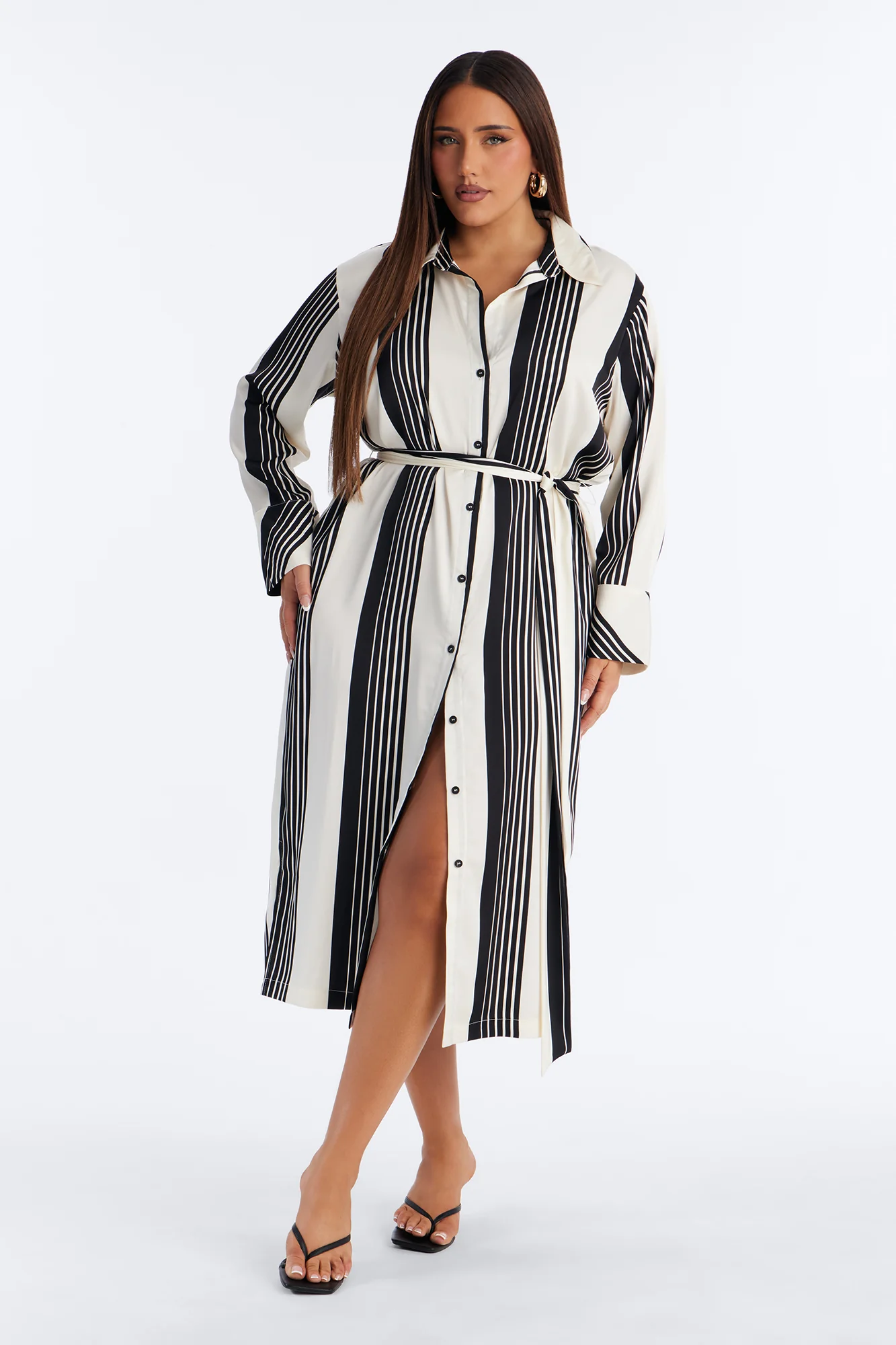Harlow Striped Satin Shirt Midi Dress - White/Black - Image 6
