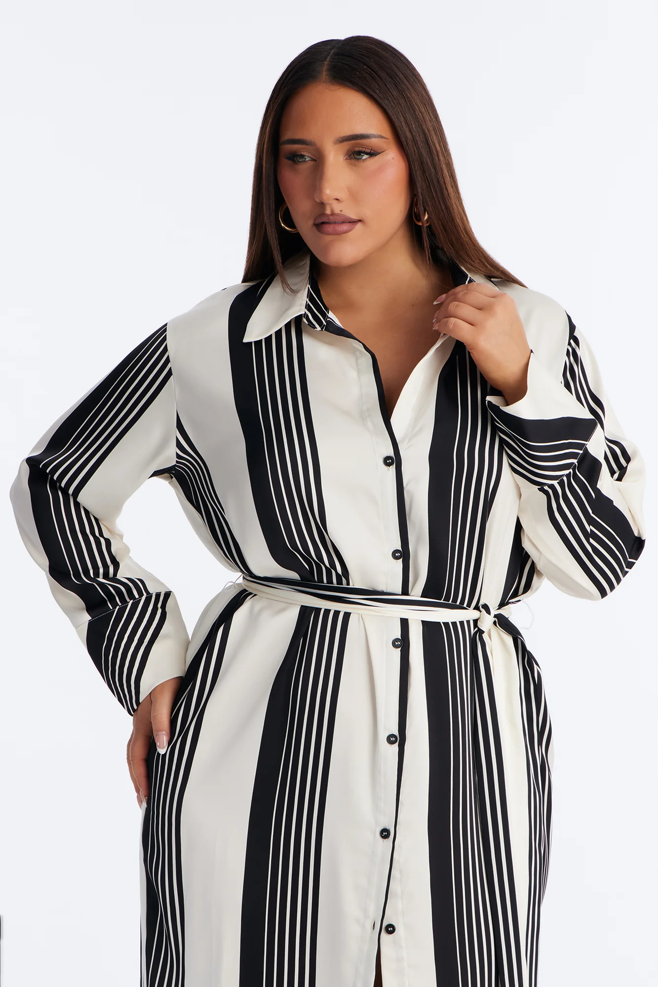 Harlow Striped Satin Shirt Midi Dress - White/Black - Image 7
