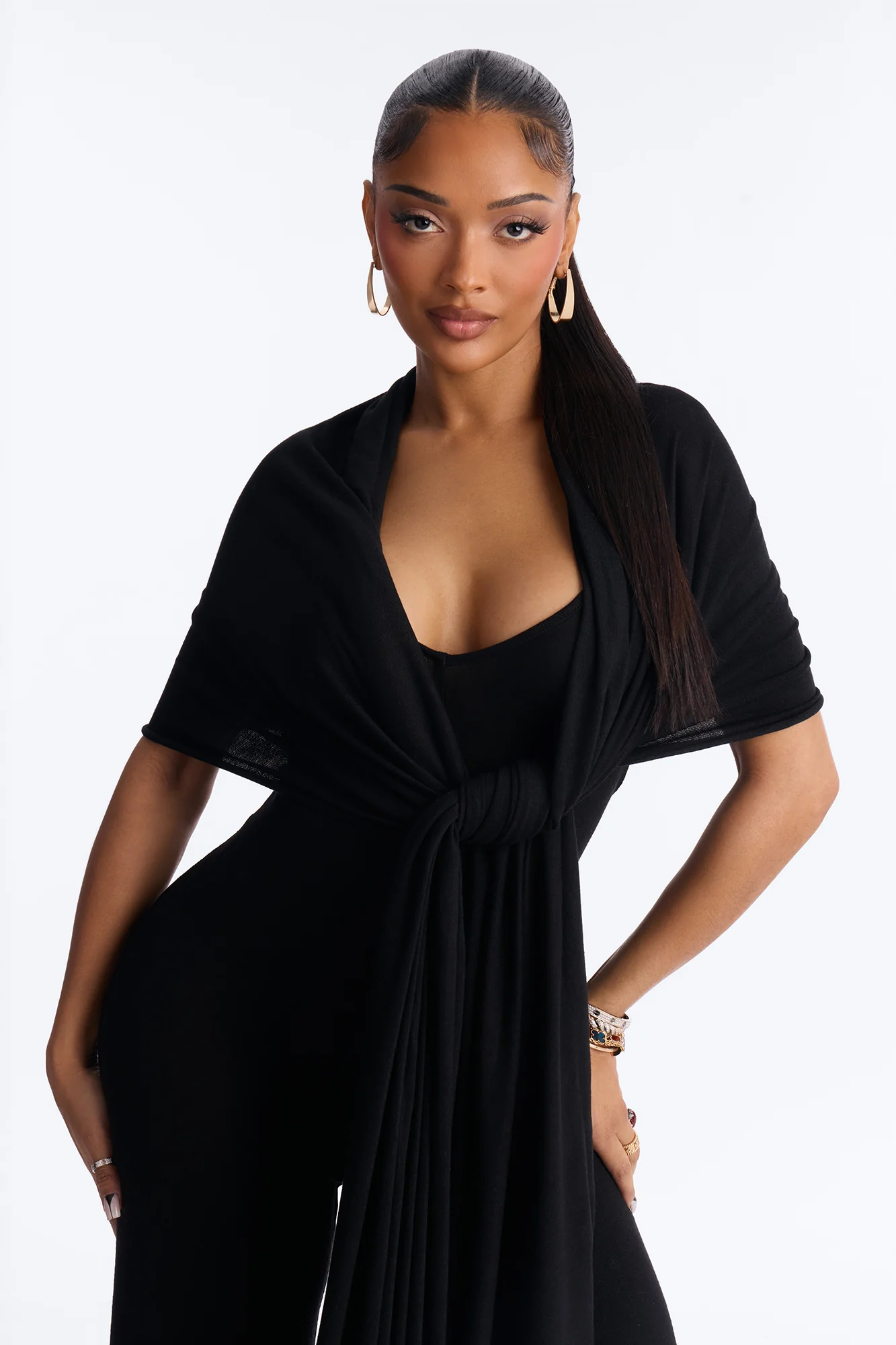 Harlowe 2 Piece Knit Wrap Jumpsuit Set - Black - Image 2