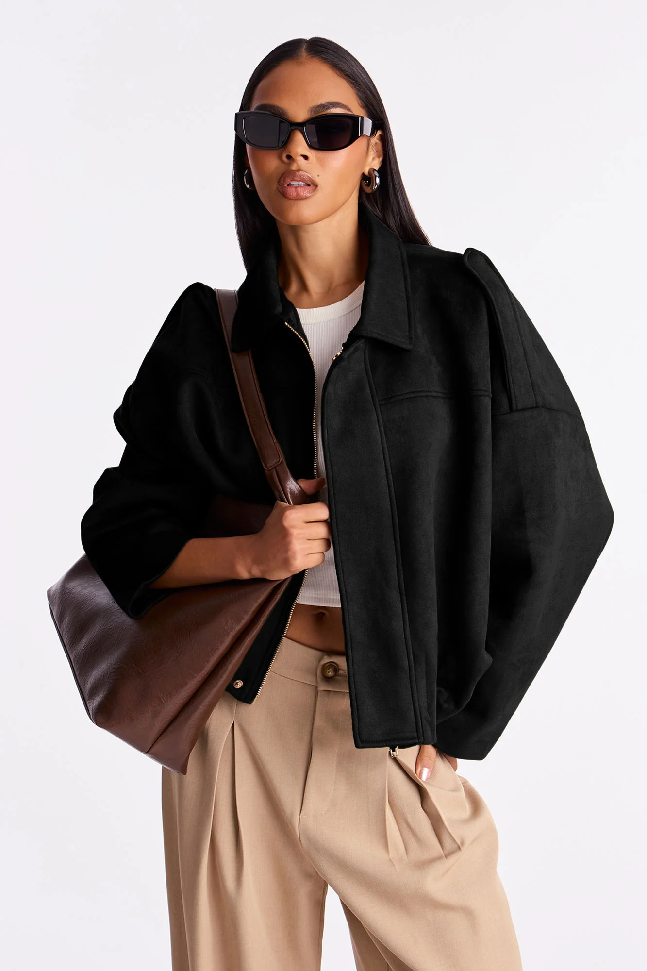 Harlowe Oversized Faux Suede Jacket - Black - Image 3
