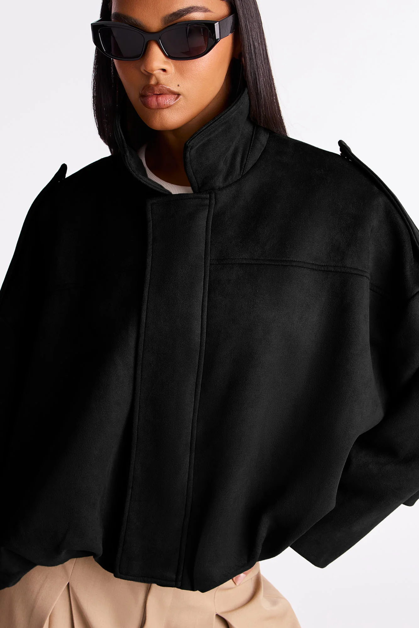 Harlowe Oversized Faux Suede Jacket - Black - Image 4