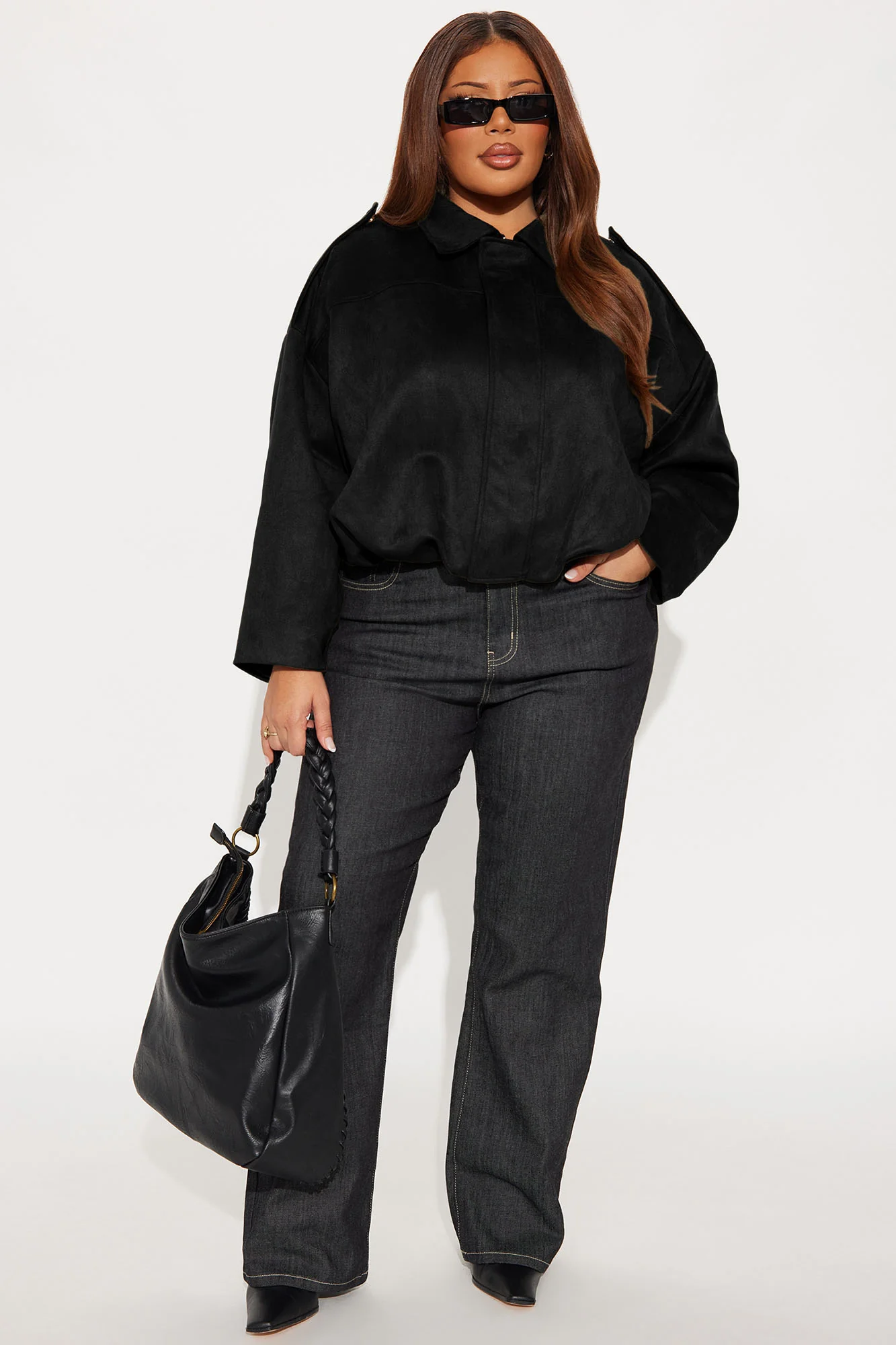 Harlowe Oversized Faux Suede Jacket - Black - Image 7