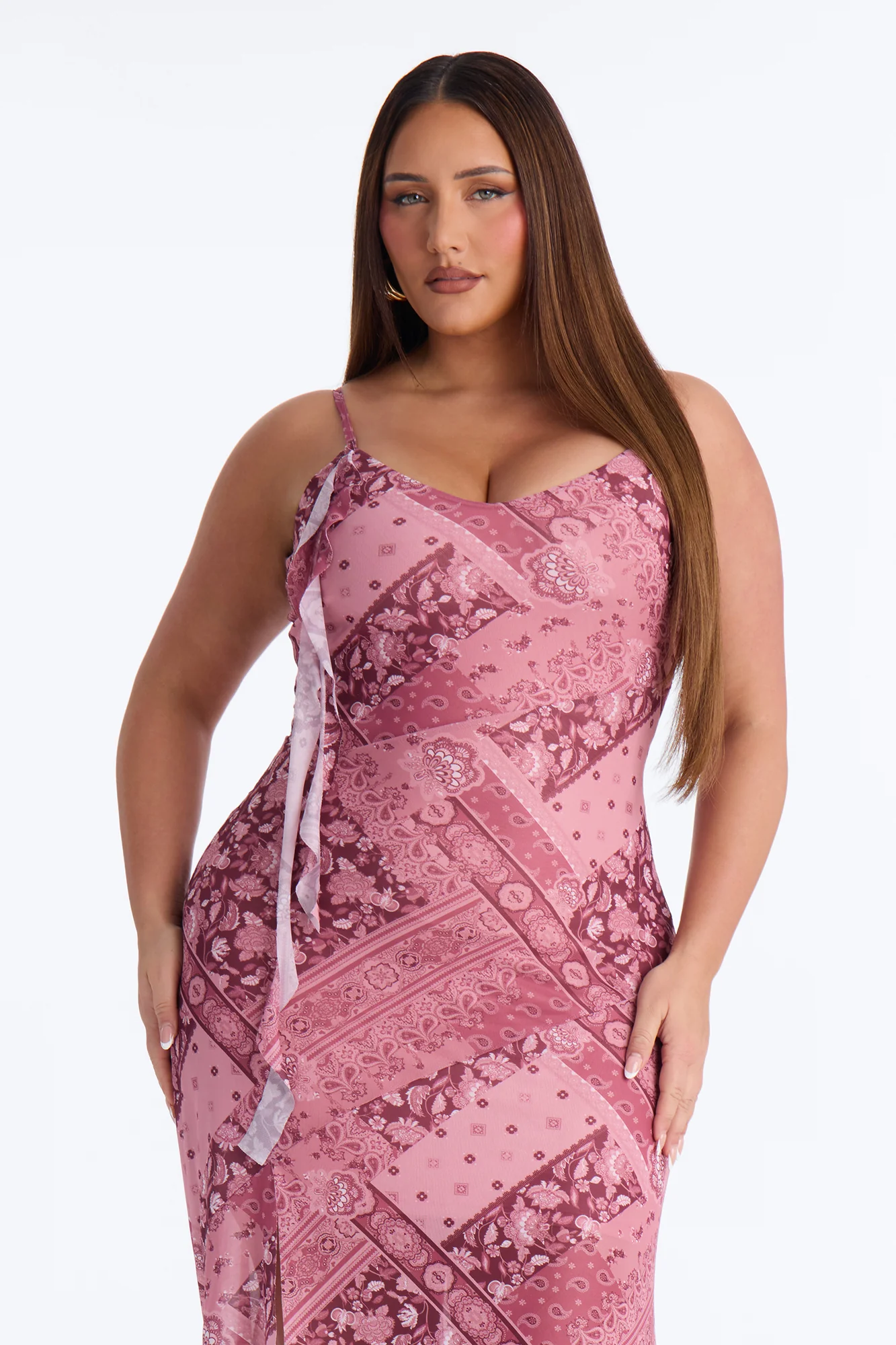 Harper Patchwork Mesh Midi Dress - Burgundy - Image 6