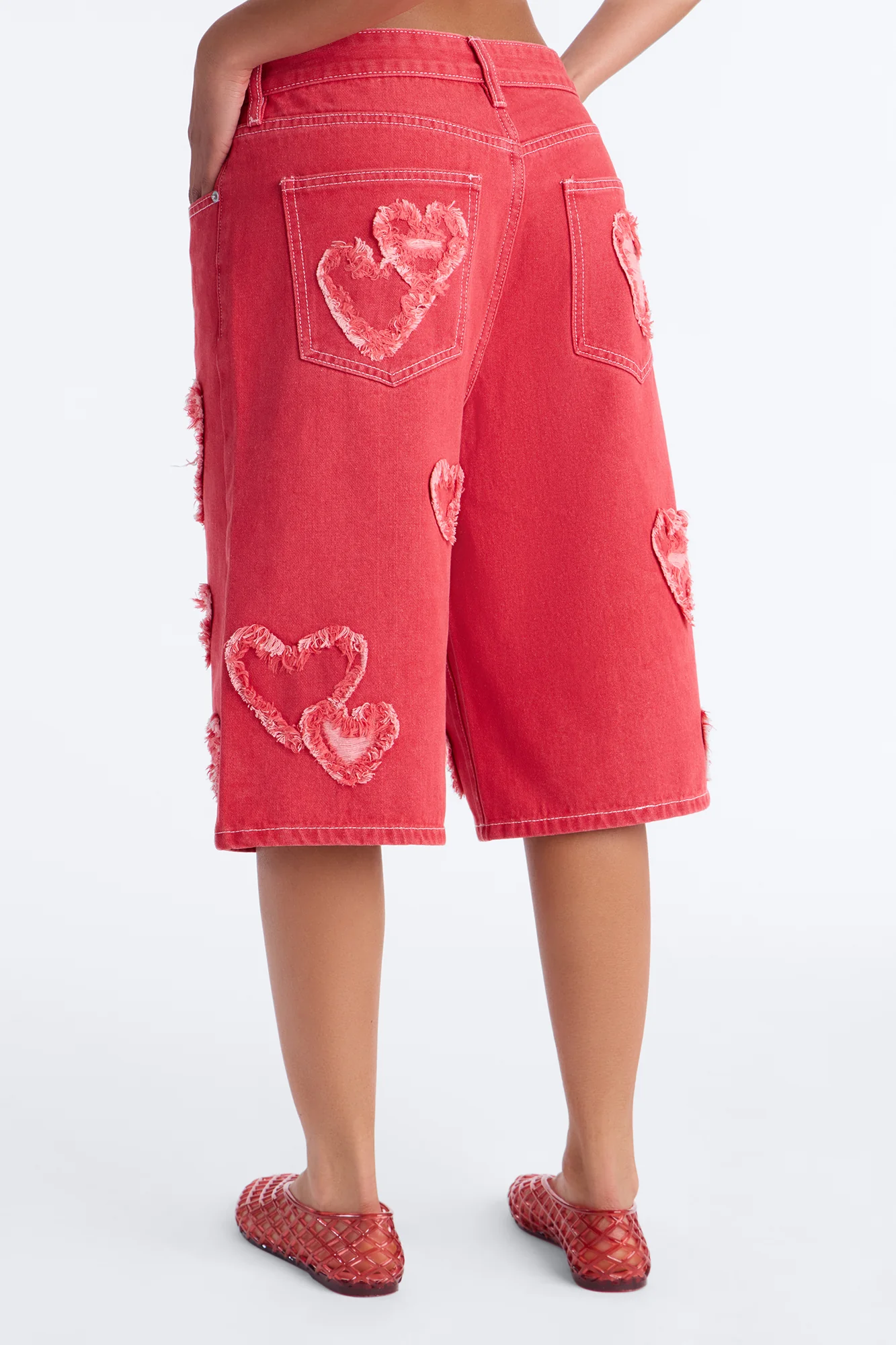 Have A Heart Patchwork Denim Jorts - Hot Pink - Image 4