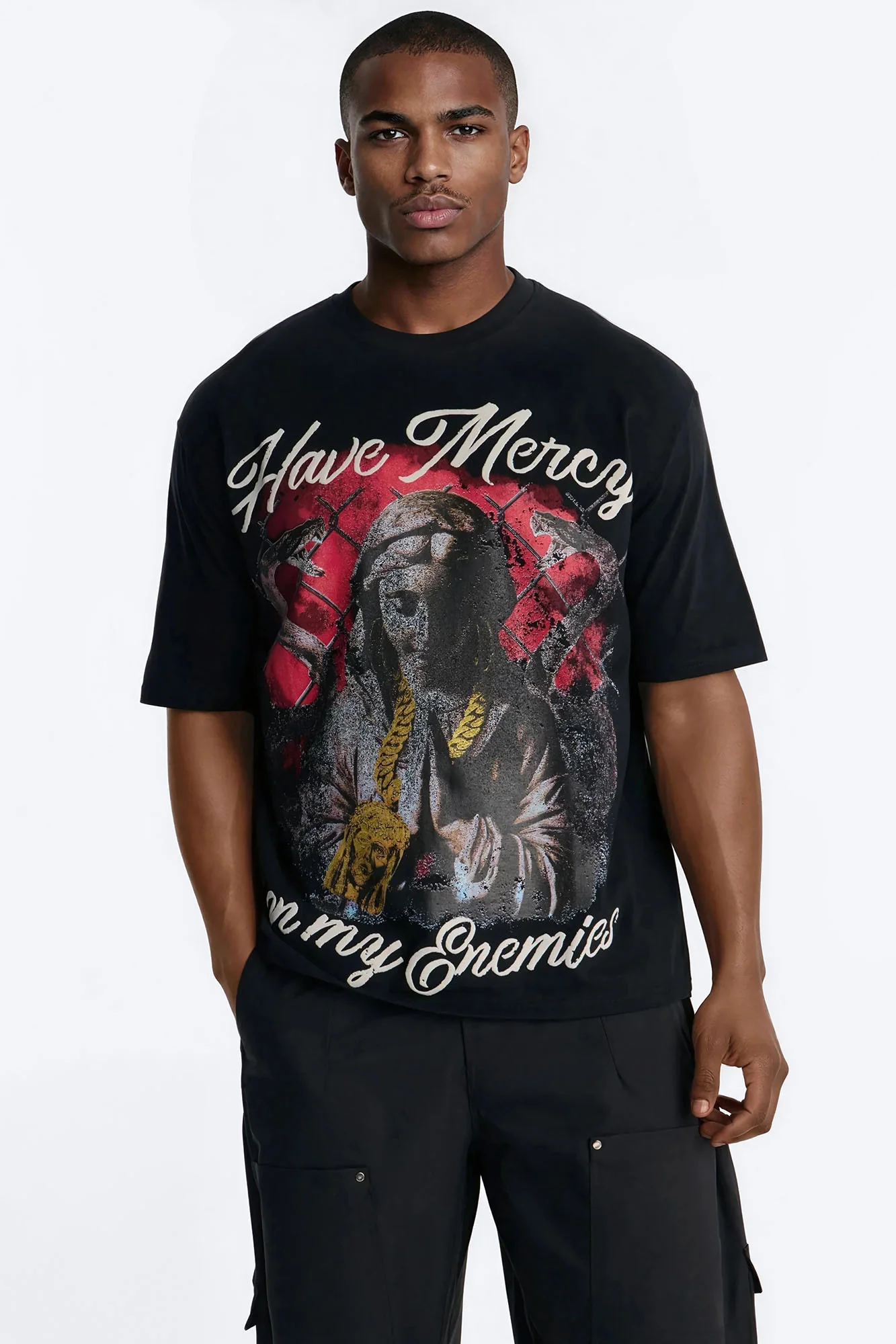 Have Mercy Glitter Print Short Sleeve Tee - Black