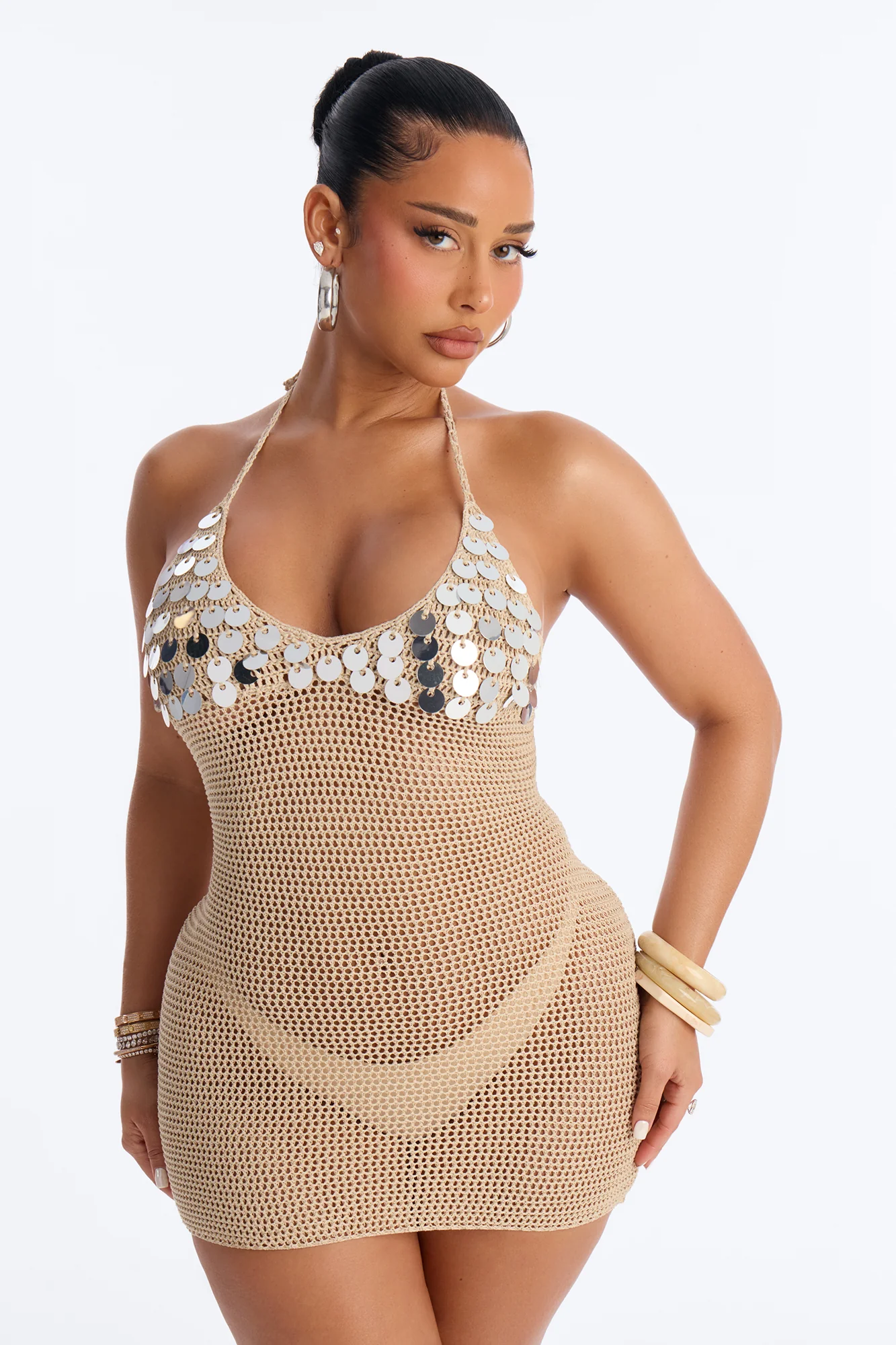 Hawaii Heat Tassel Sequin Swim Cover Up Dress - Cream