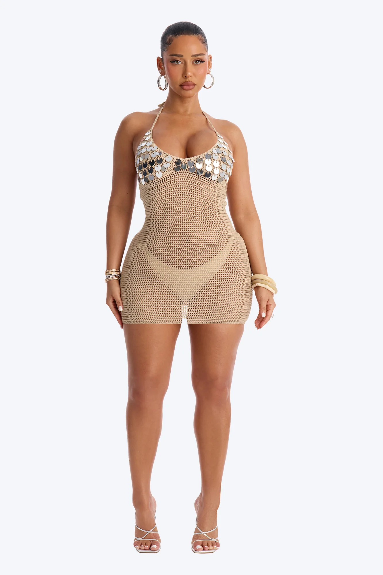 Hawaii Heat Tassel Sequin Swim Cover Up Dress - Cream - Image 2