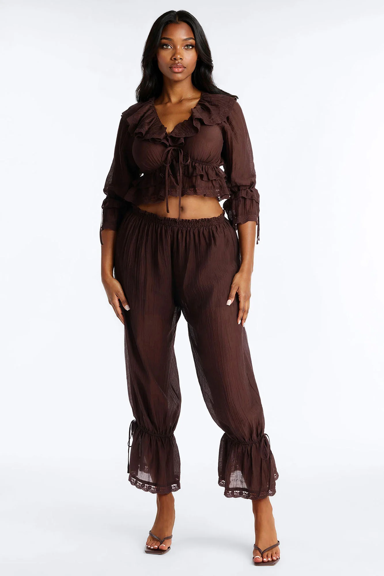 Hazel Ruffled Pant Set - Brown