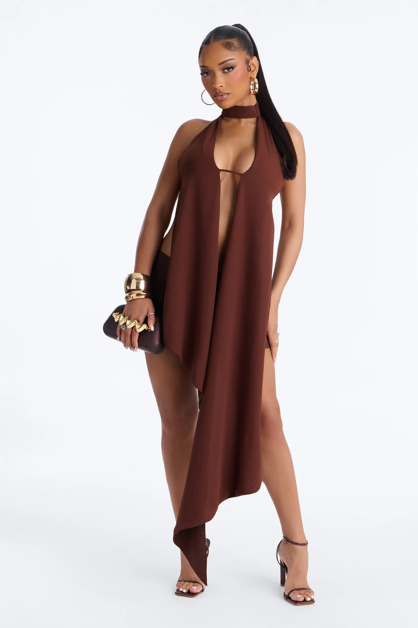 Hearts Over Hustle Draped Chiffon Halter Top - Chocolate