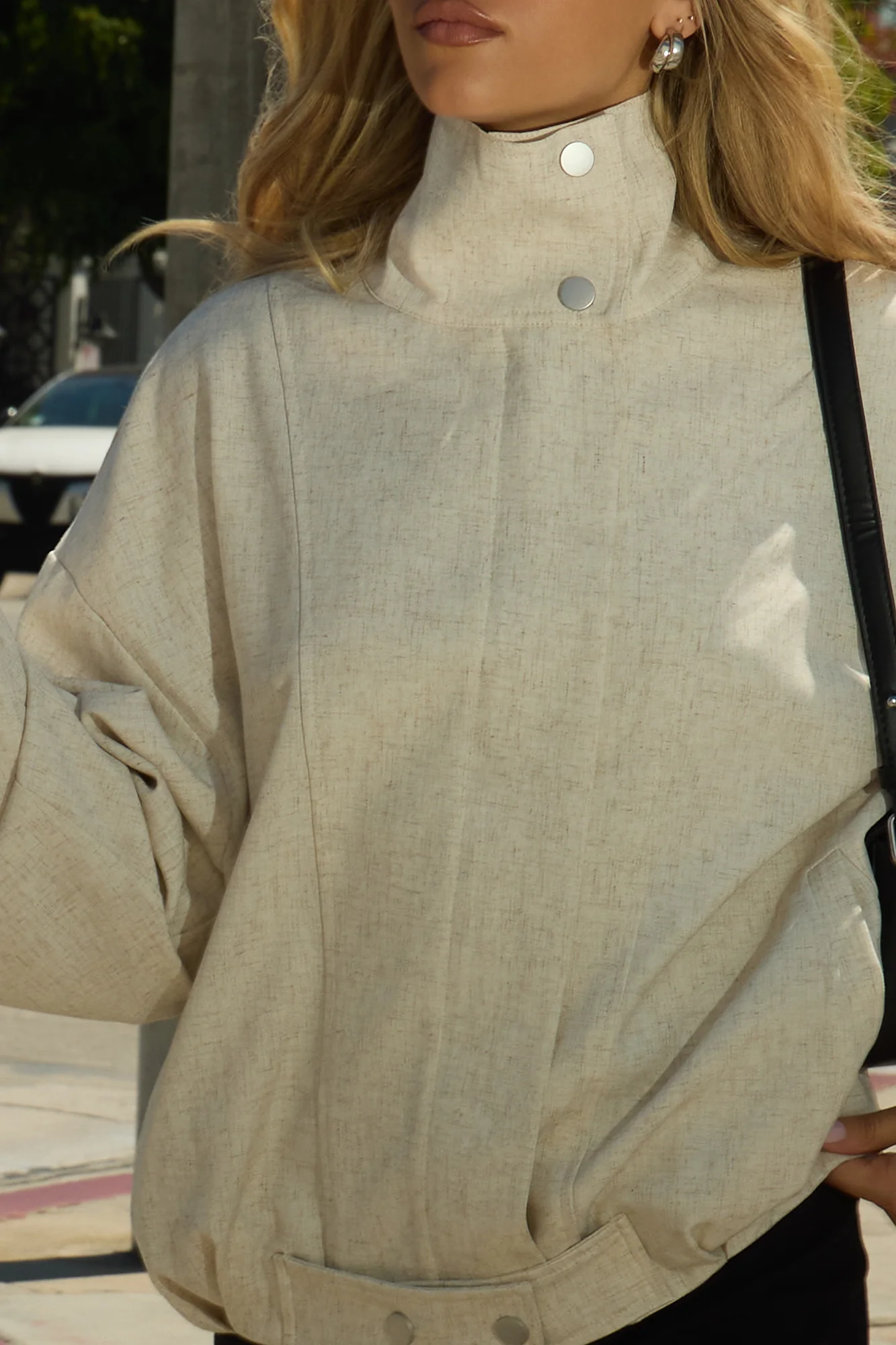 Heather Funnel Neck Bomber Jacket - Natural - Image 3