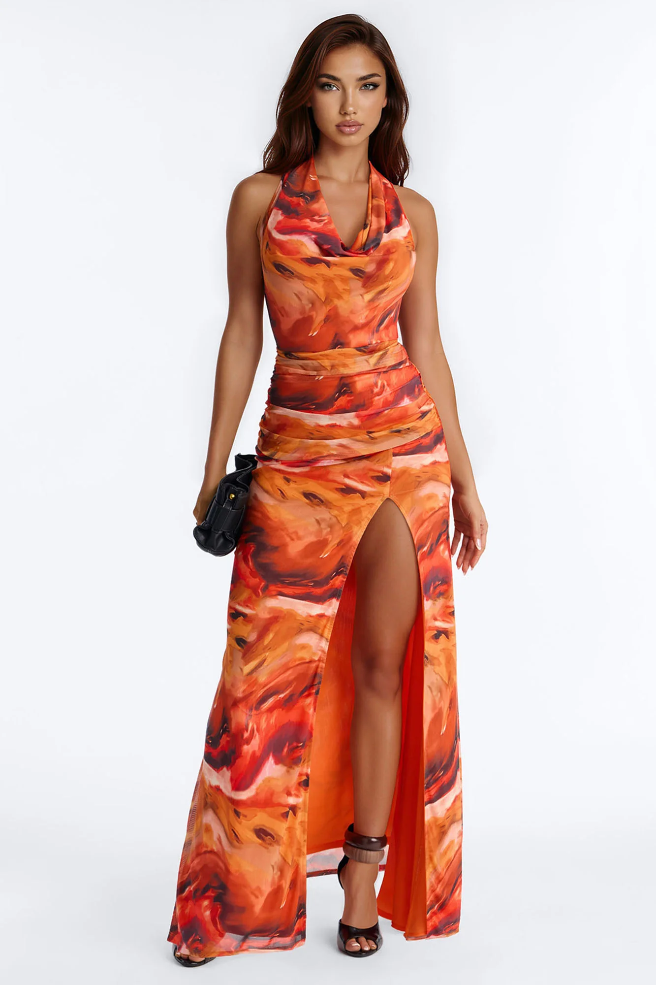 Heating Up Halter Mesh Maxi Dress - Orange/combo