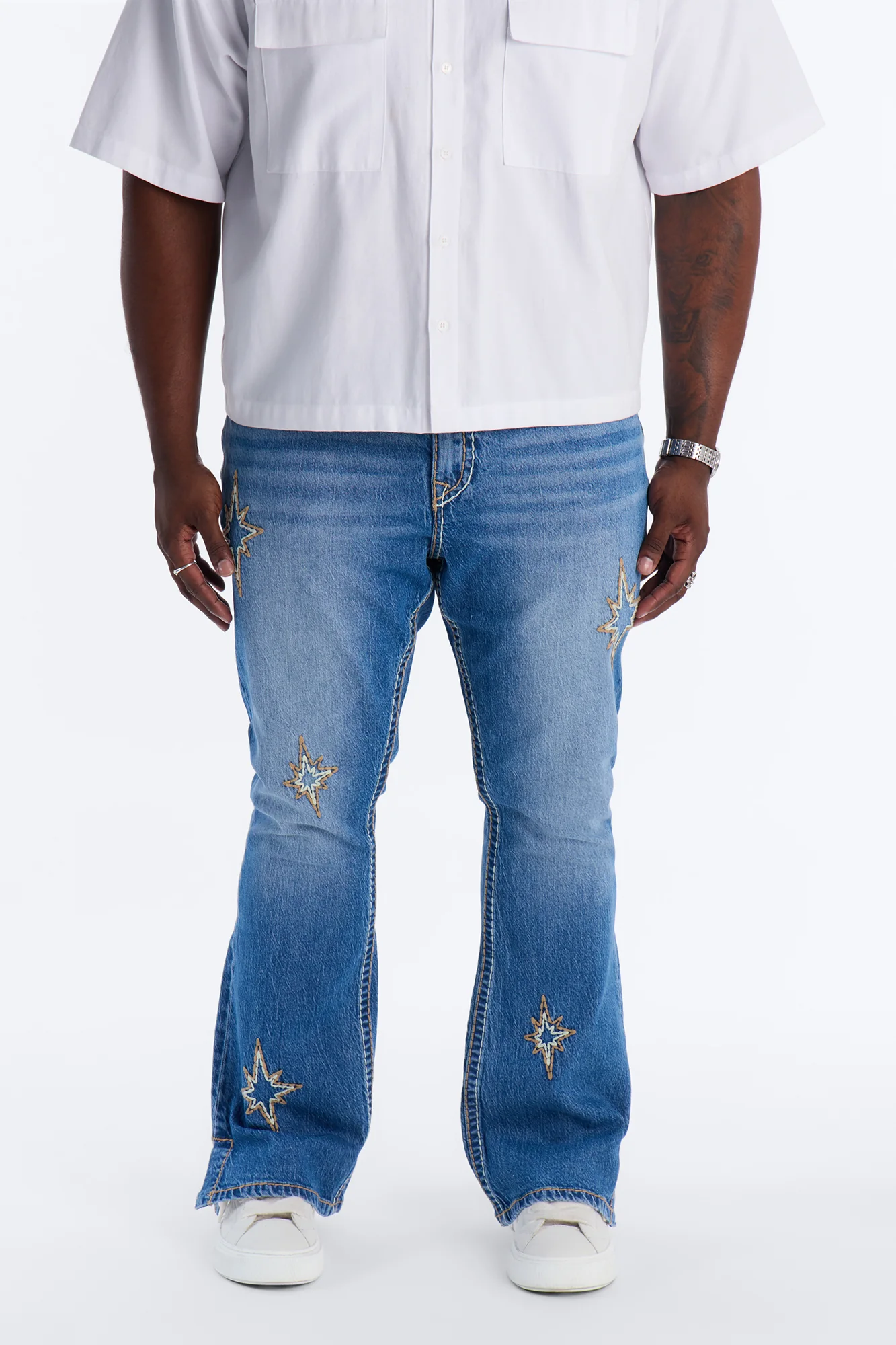 Heavy Stitch Slit Astor Stacked Slim Flare Jean - Medium Blue Wash