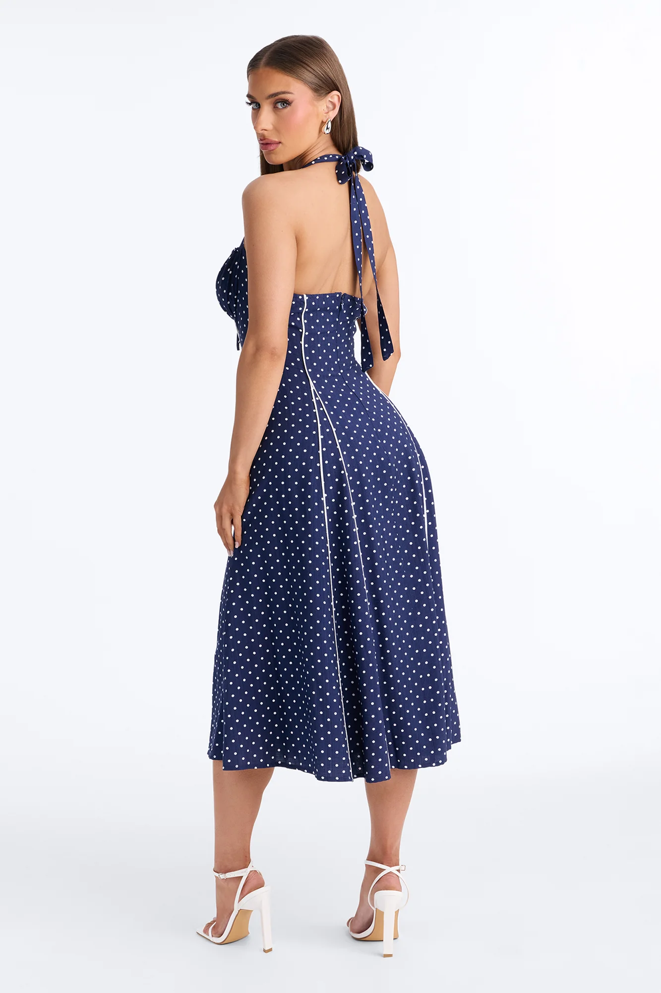 Heidi Polka Dot Linen Midi Dress - Navy/combo - Image 3