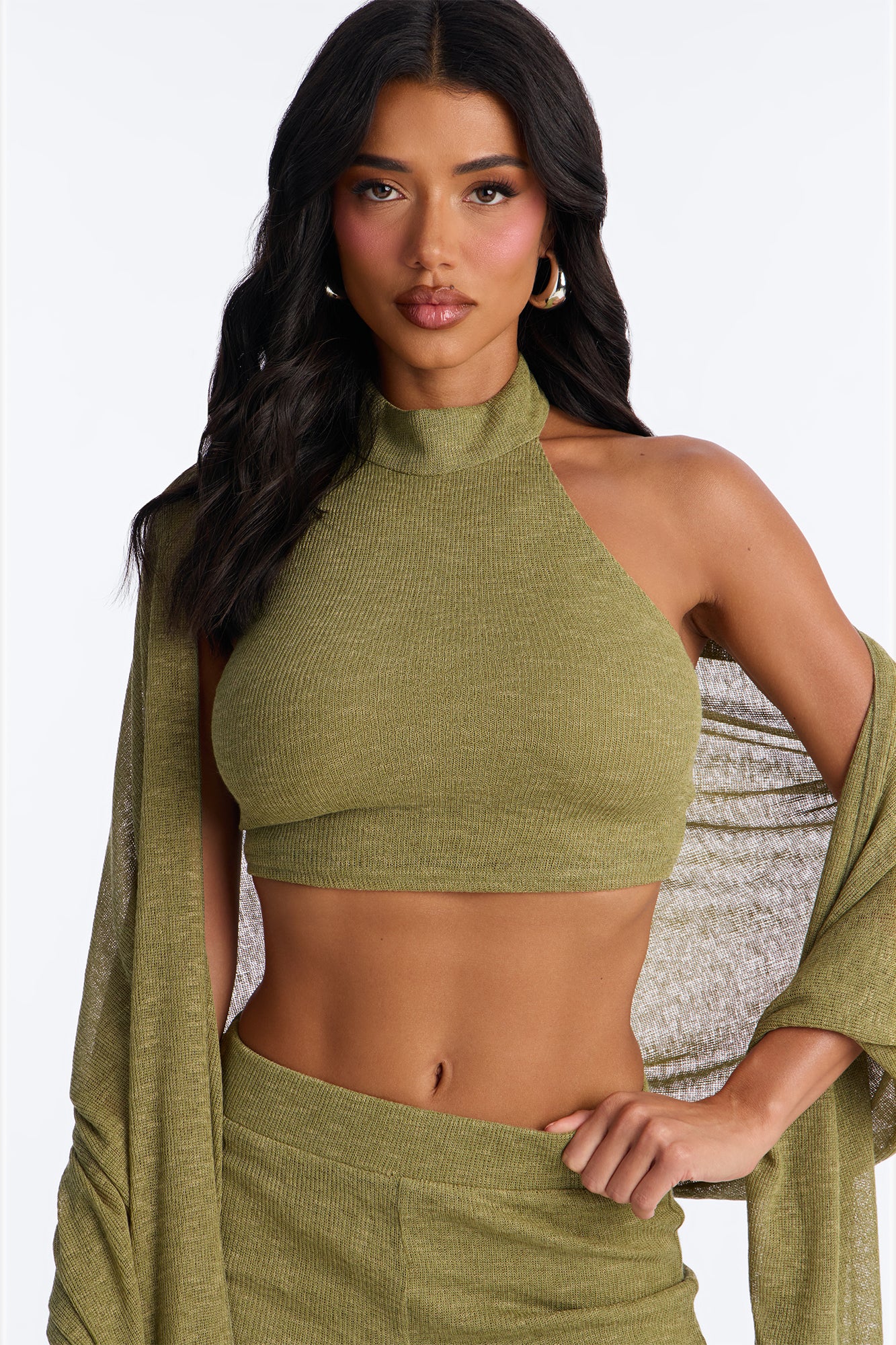 Helena Knit Halter 3 Piece Pant Set - Olive - Image 2