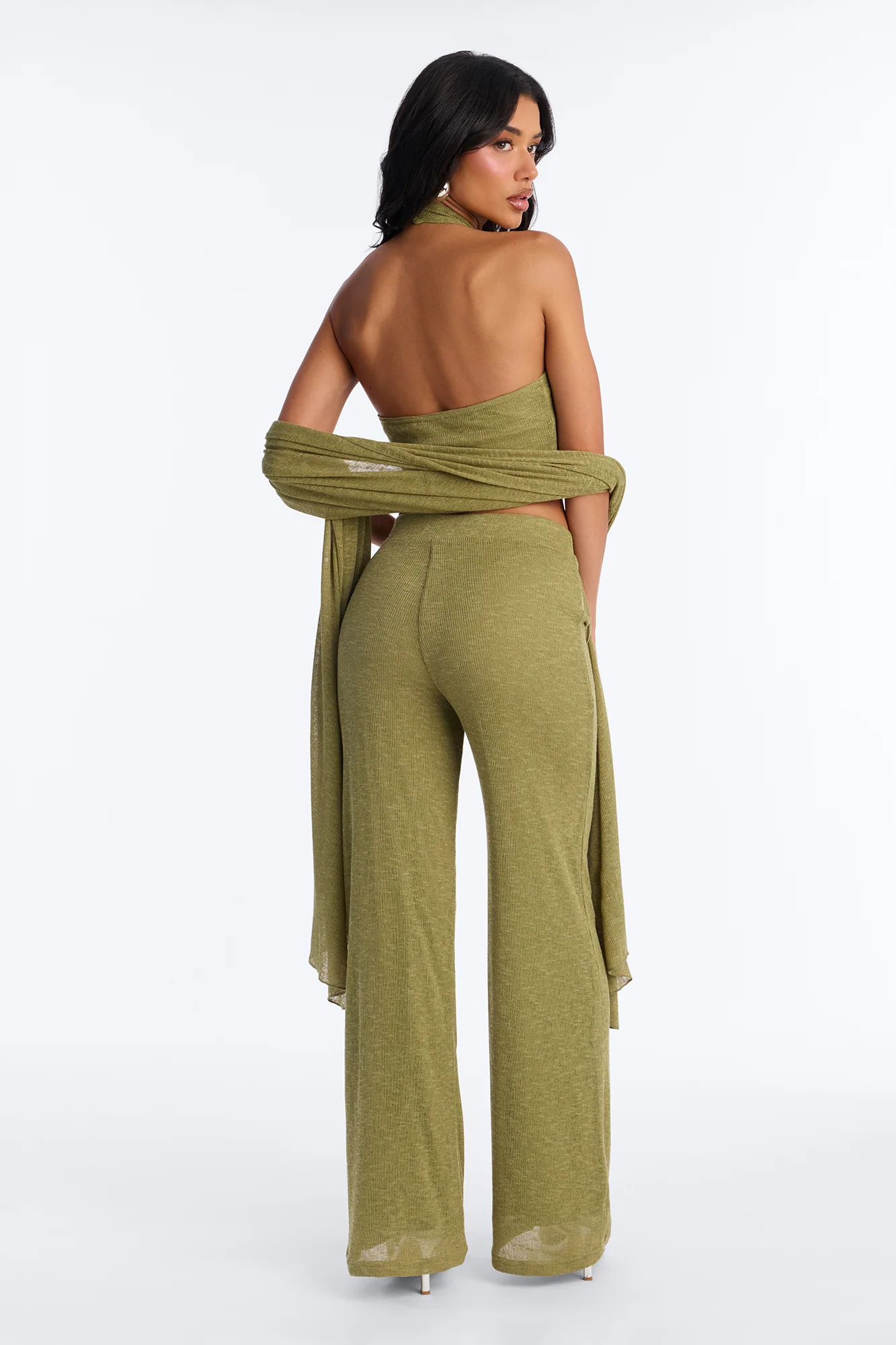 Helena Knit Halter 3 Piece Pant Set - Olive - Image 4