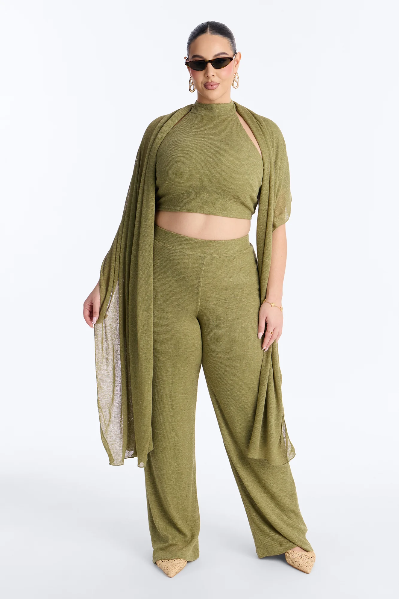 Helena Knit Halter 3 Piece Pant Set - Olive - Image 5