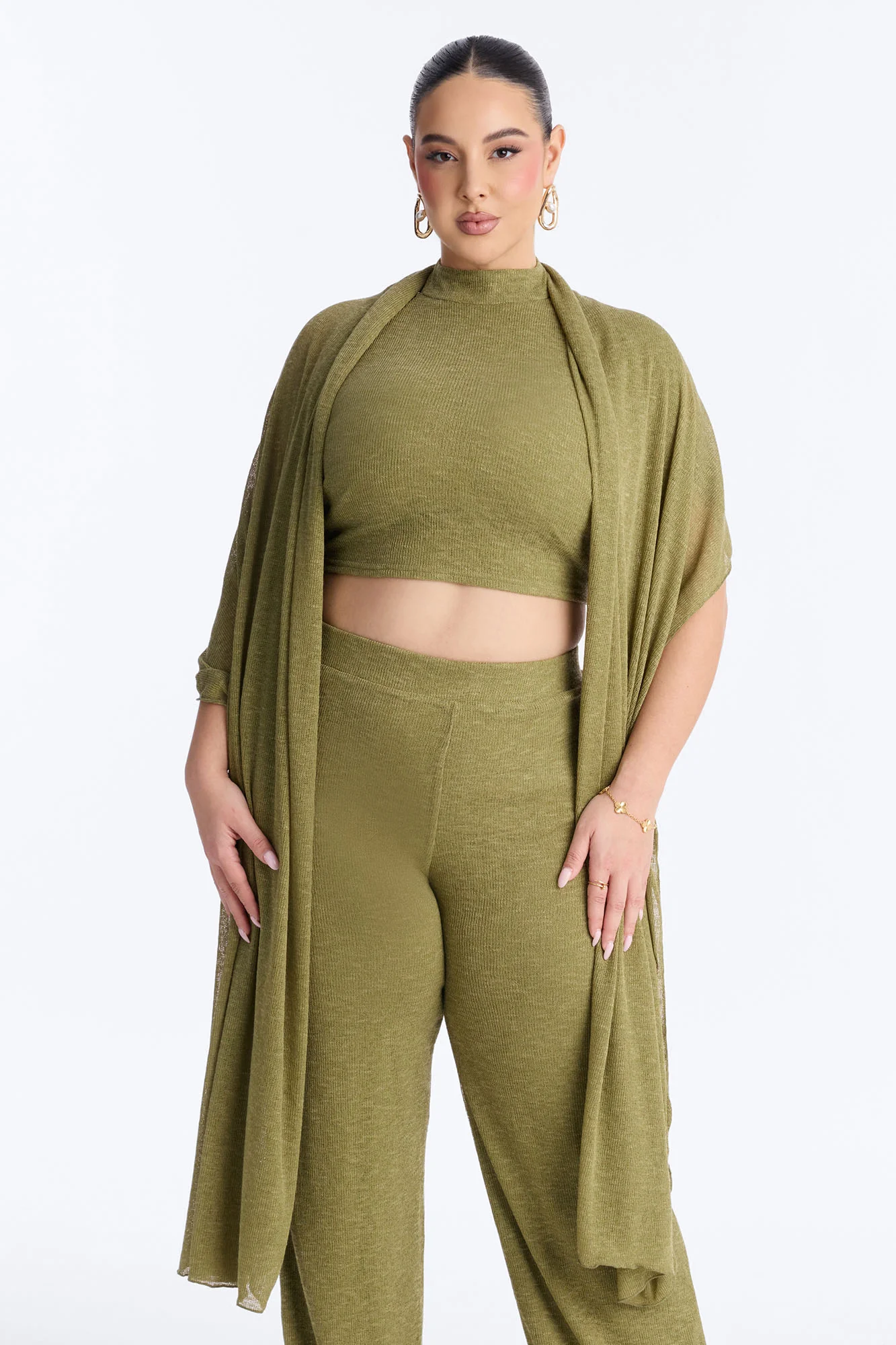Helena Knit Halter 3 Piece Pant Set - Olive - Image 6