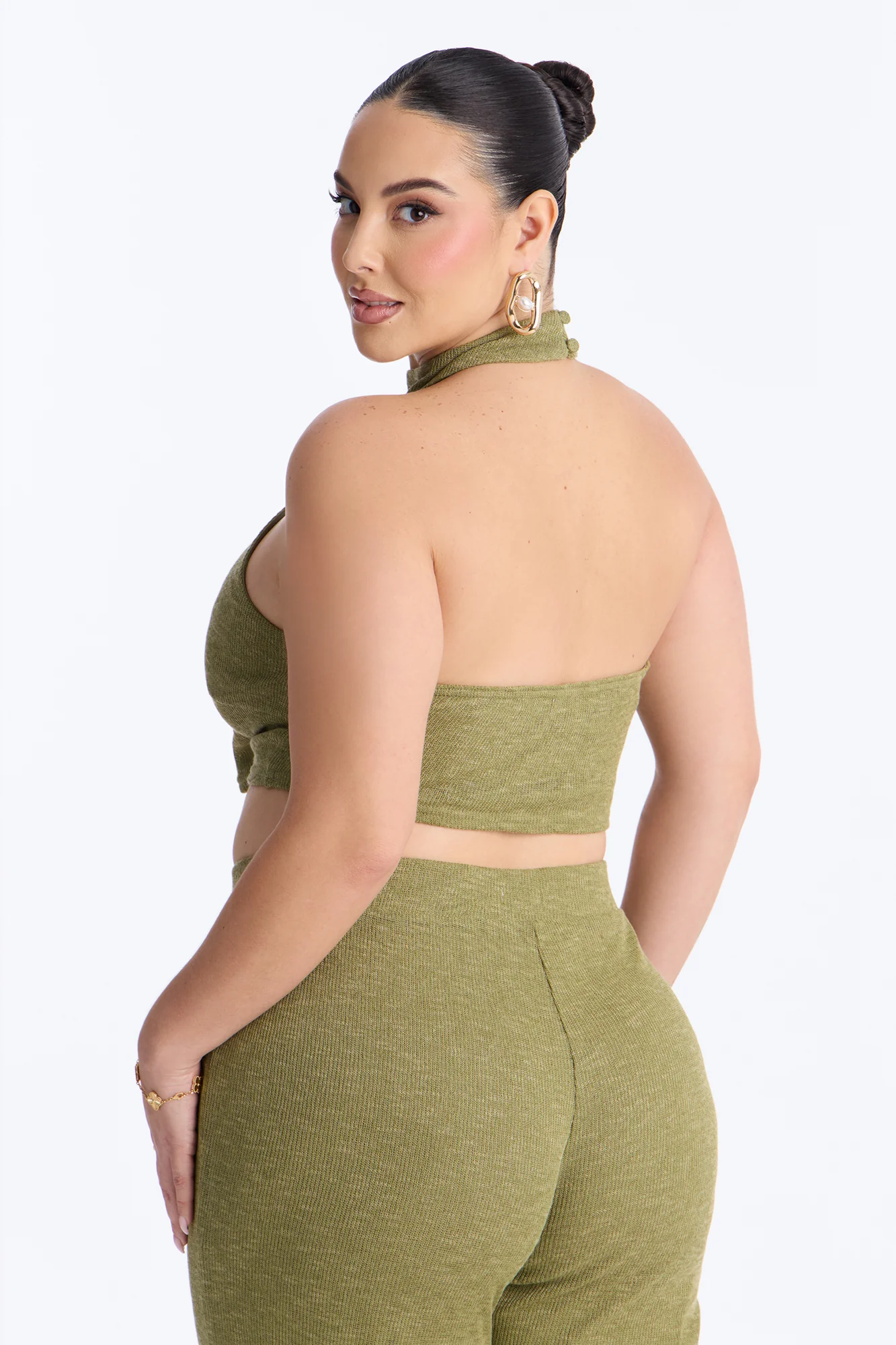 Helena Knit Halter 3 Piece Pant Set - Olive - Image 7