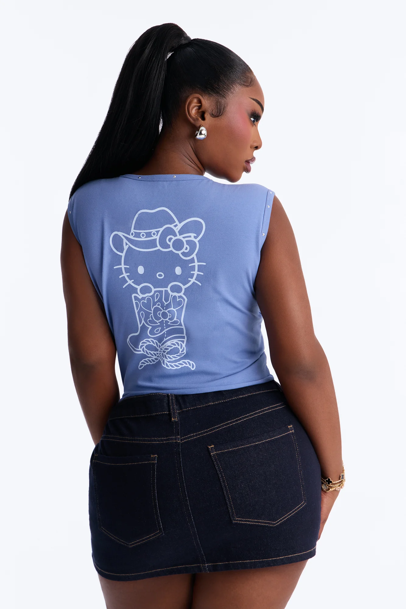Hello Kitty Western Notch Neck Studded Tank Top - Blue - Image 5