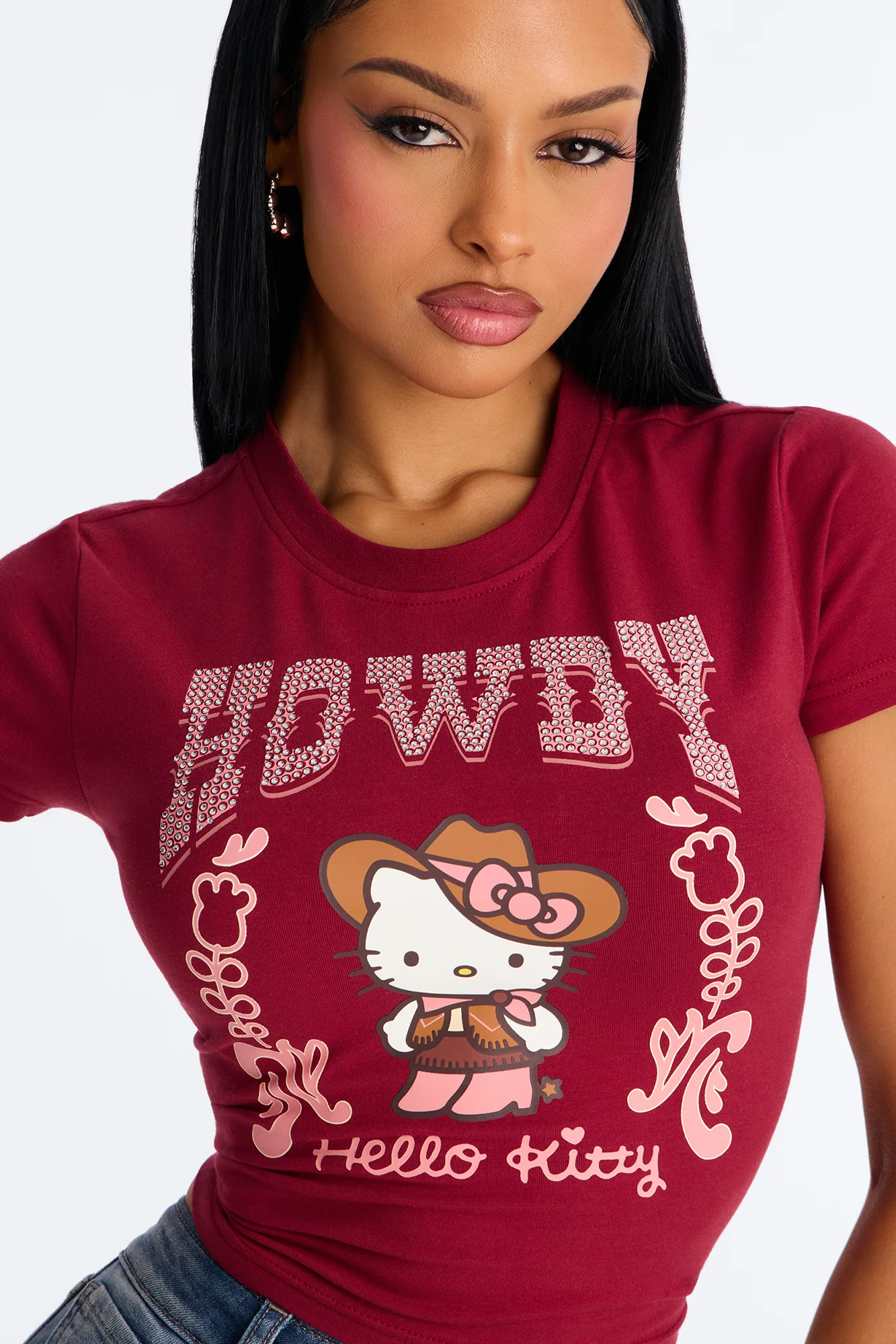 Hello Kitty Western Rhinestone Baby Tee - Burgundy - Image 3