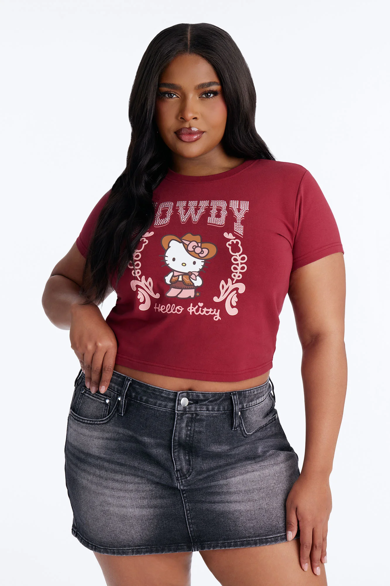 Hello Kitty Western Rhinestone Baby Tee - Burgundy - Image 5