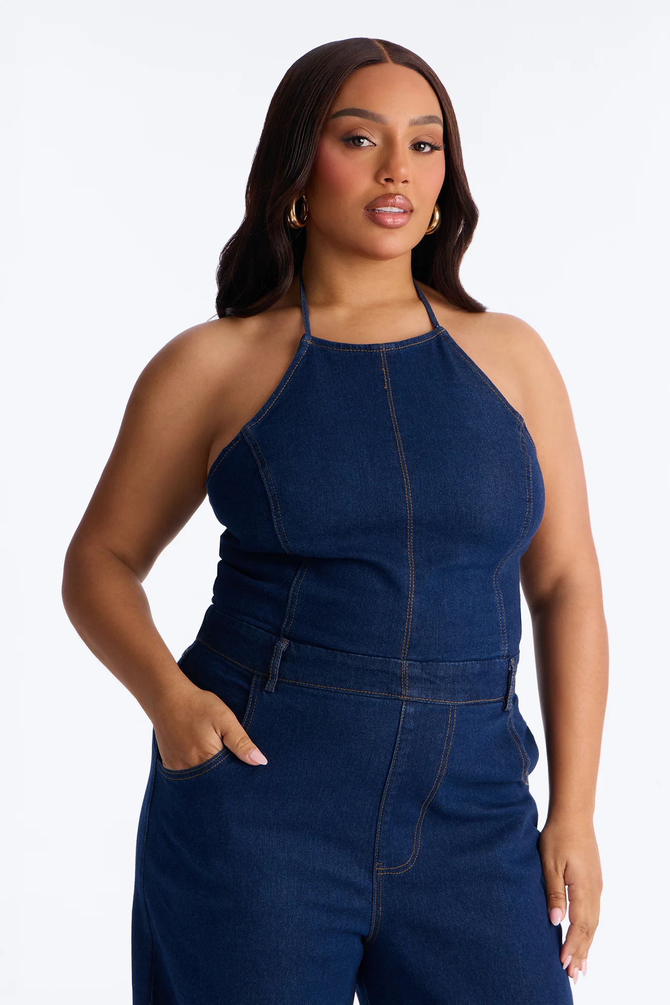 Henna Denim Barrel Leg Jumpsuit - Dark Wash - Image 5