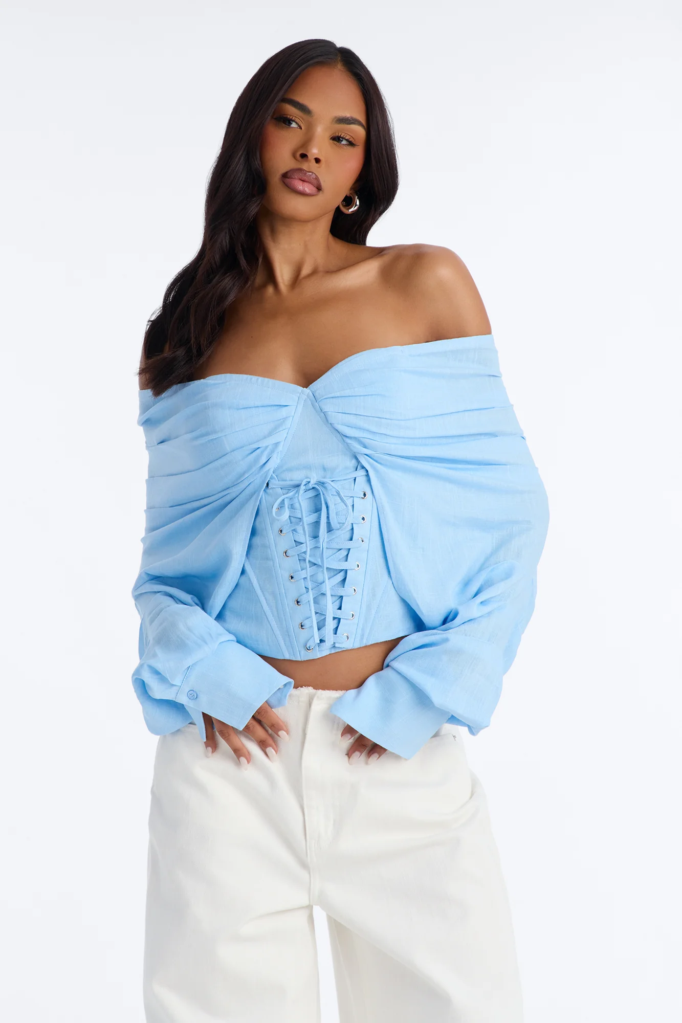 Her Era Off Shoulder Lace Up Linen Corset - Blue