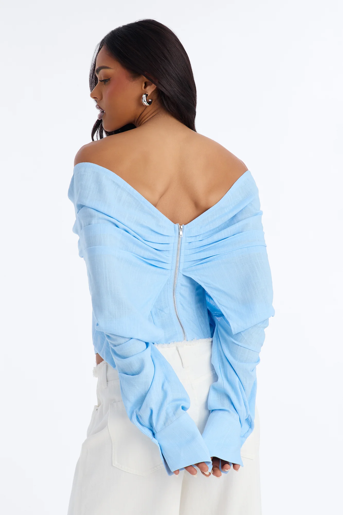 Her Era Off Shoulder Lace Up Linen Corset - Blue - Image 4