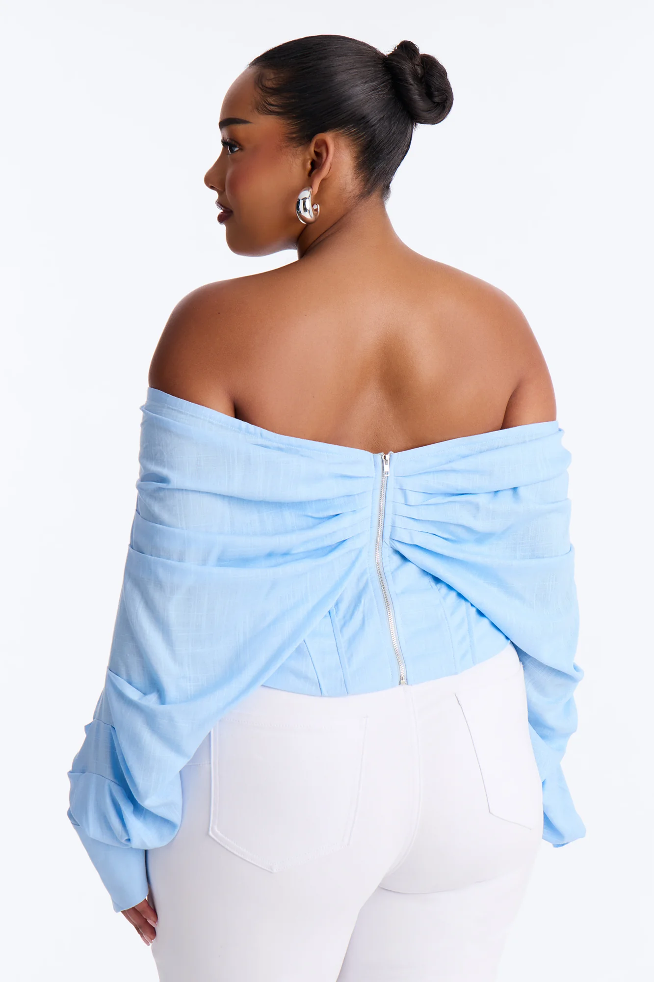 Her Era Off Shoulder Lace Up Linen Corset - Blue - Image 5