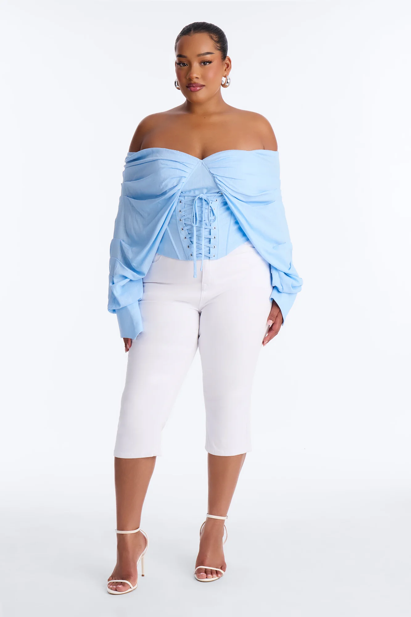 Her Era Off Shoulder Lace Up Linen Corset - Blue - Image 6
