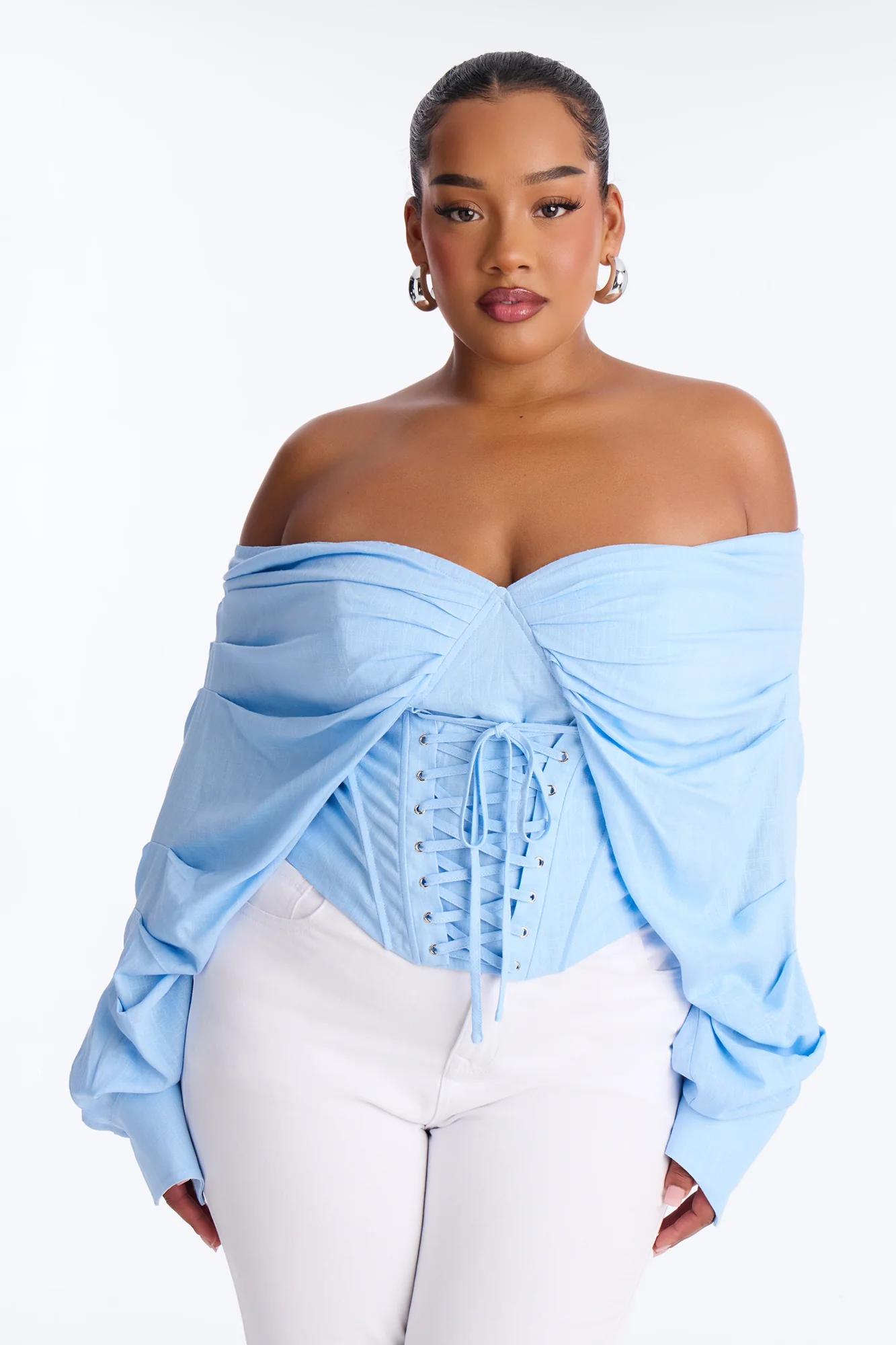 Her Era Off Shoulder Lace Up Linen Corset - Blue - Image 7