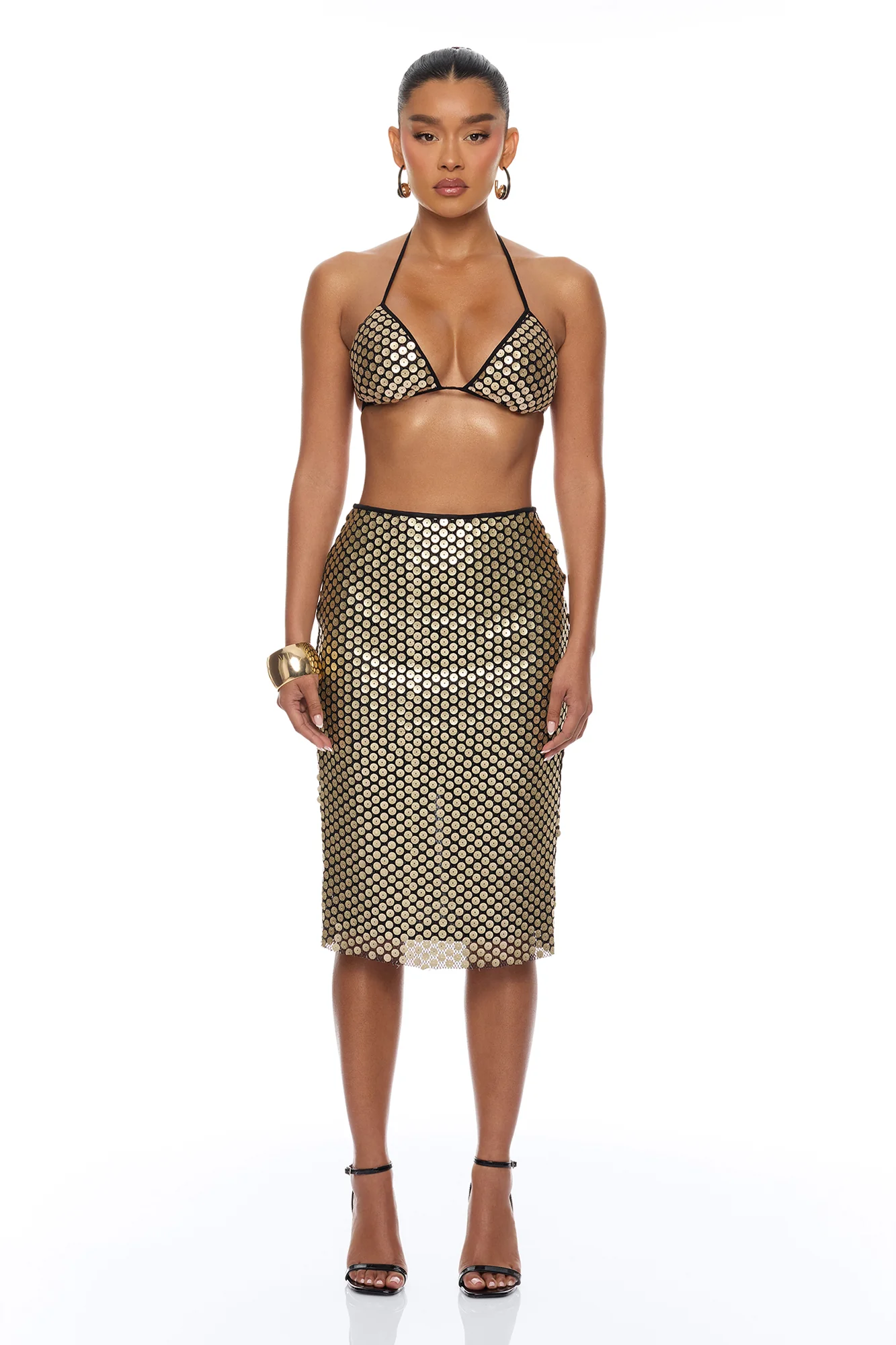 Here For A Good Time Sequin Bikini 3 Piece Set - Gold - Image 3