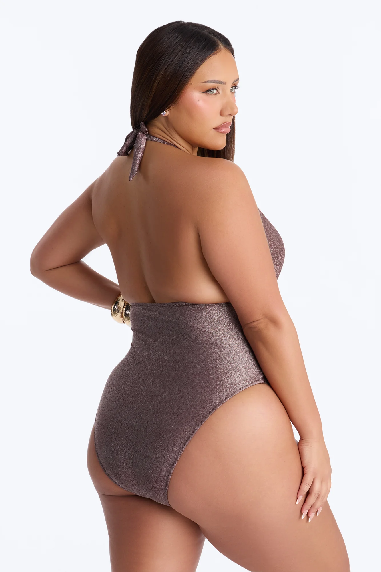 Hideaway Shimmer 1 Piece Halter Plunge Swimsuit - Chocolate - Image 5