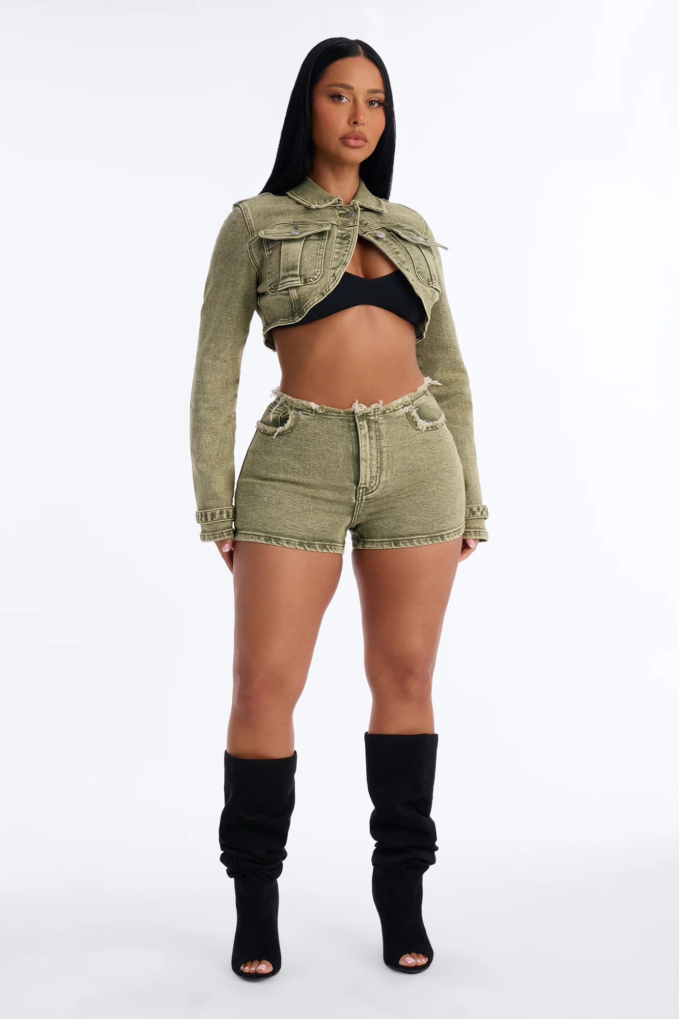 Highly Motivated Stretch Denim Bolero Jacket - Olive - Image 2