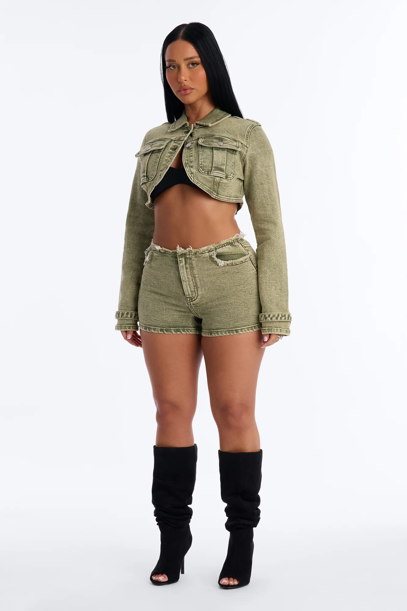 Highly Motivated Stretch Denim Shorts - Olive - Image 2
