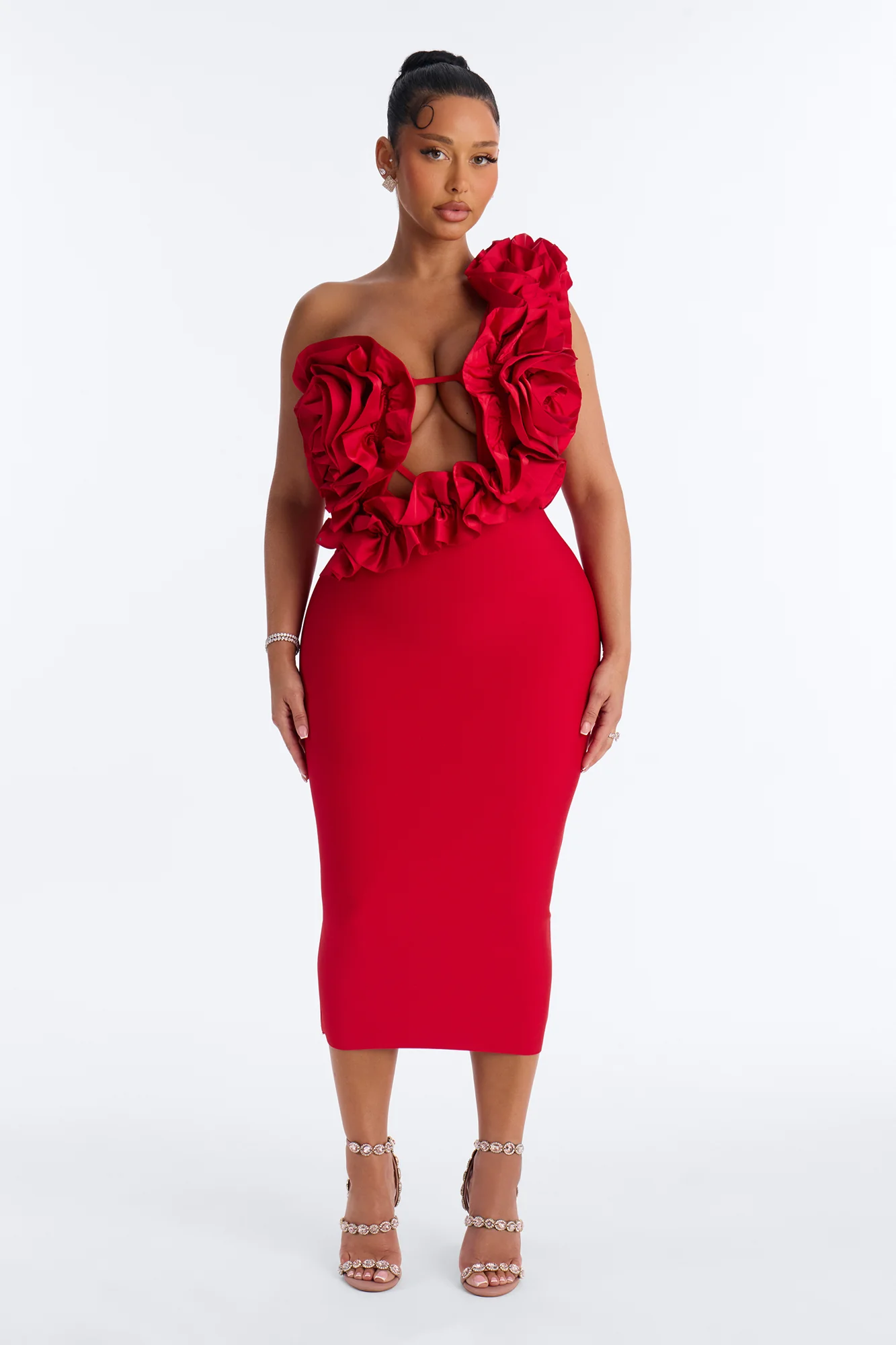 Hold Me Closer Ruffle Bandage Midi Dress - Red